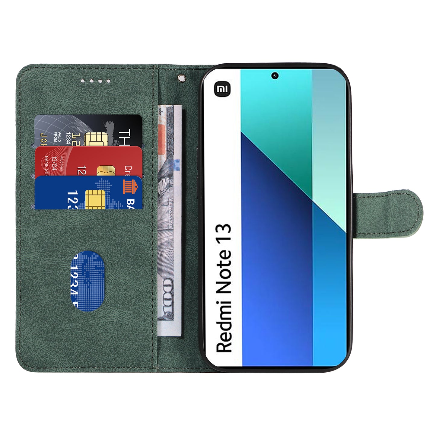 For Xiaomi Redmi Note 13 4G Case Leather Phone Cover with Wallet Card Slots - Green