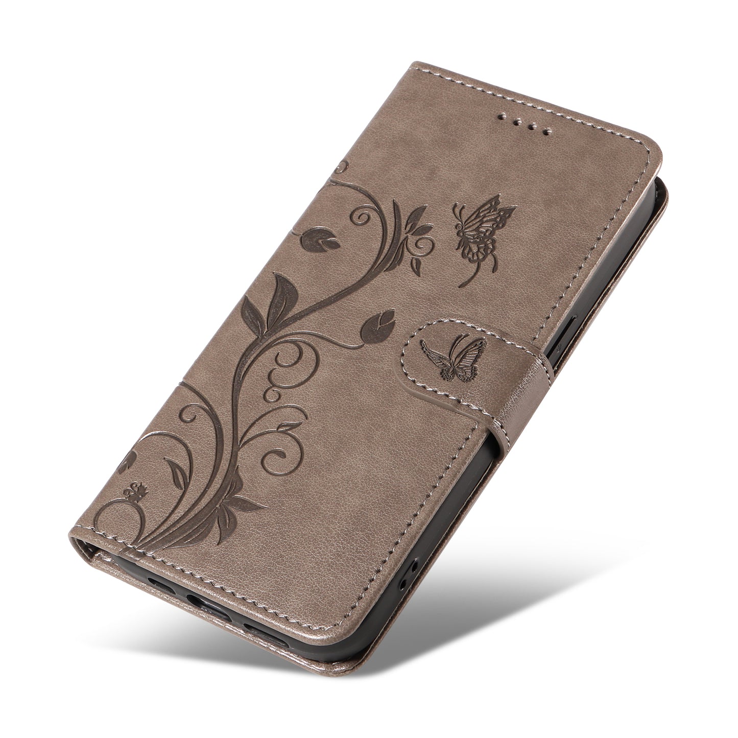 For Xiaomi Redmi Note 13 4G Leather Case Flower Butterfly Imprinted Wallet Phone Cover - Grey