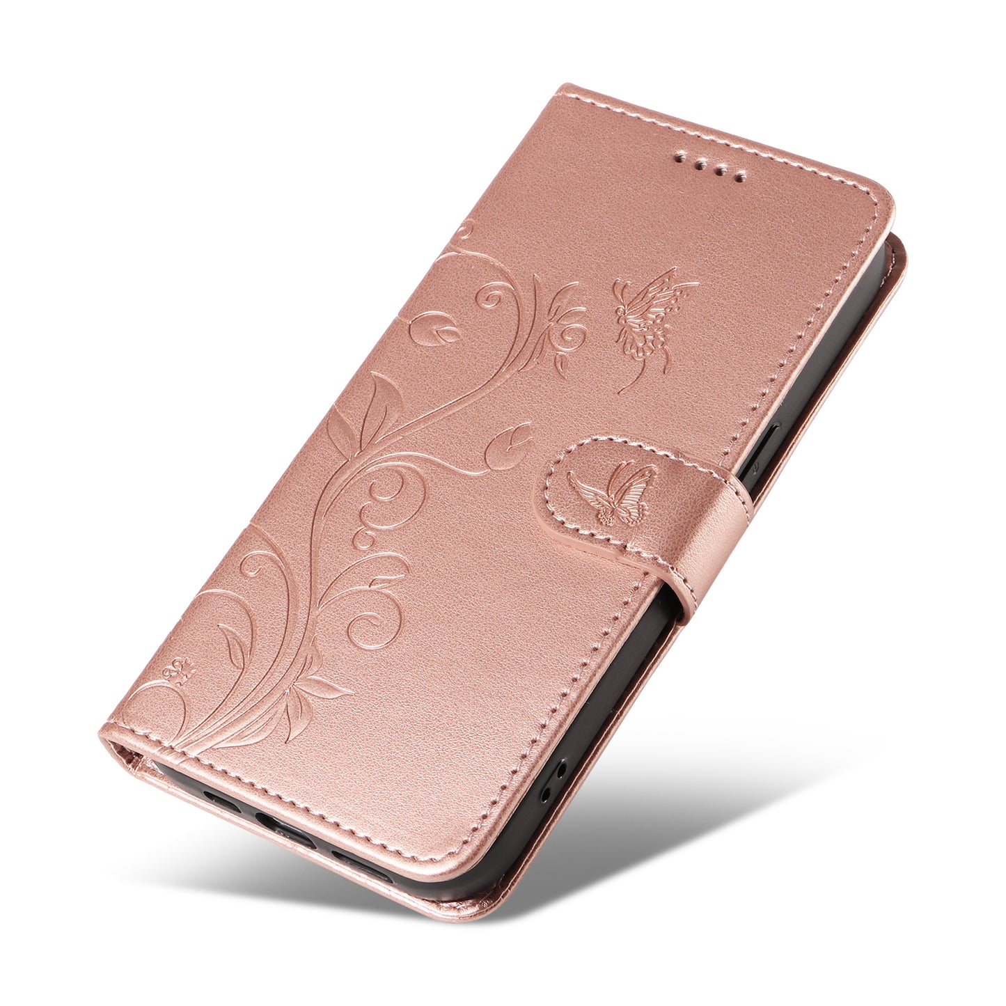 For Xiaomi Redmi Note 13 4G Leather Case Flower Butterfly Imprinted Wallet Phone Cover - Rose Gold