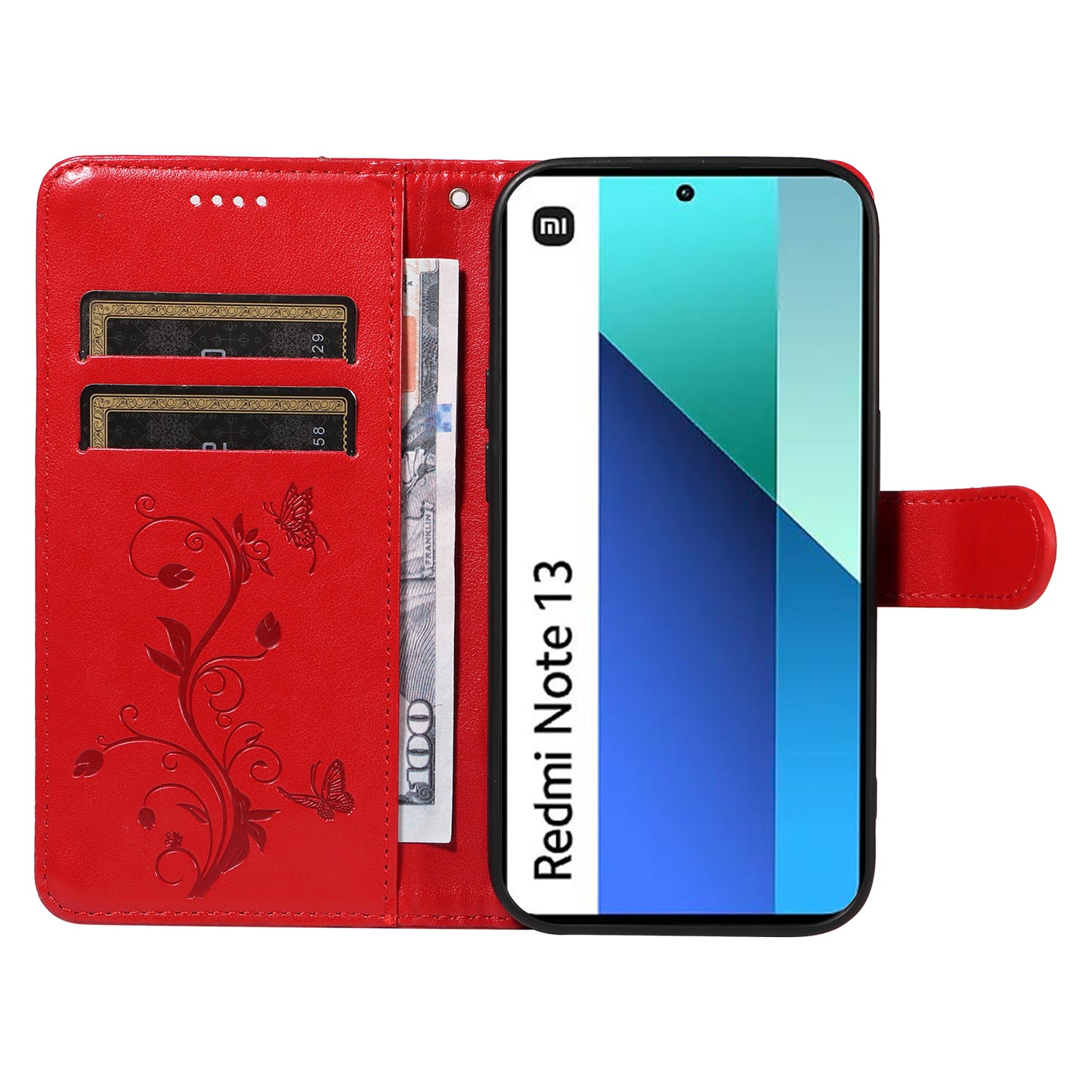 For Xiaomi Redmi Note 13 4G Leather Case Flower Butterfly Imprinted Wallet Phone Cover - Red
