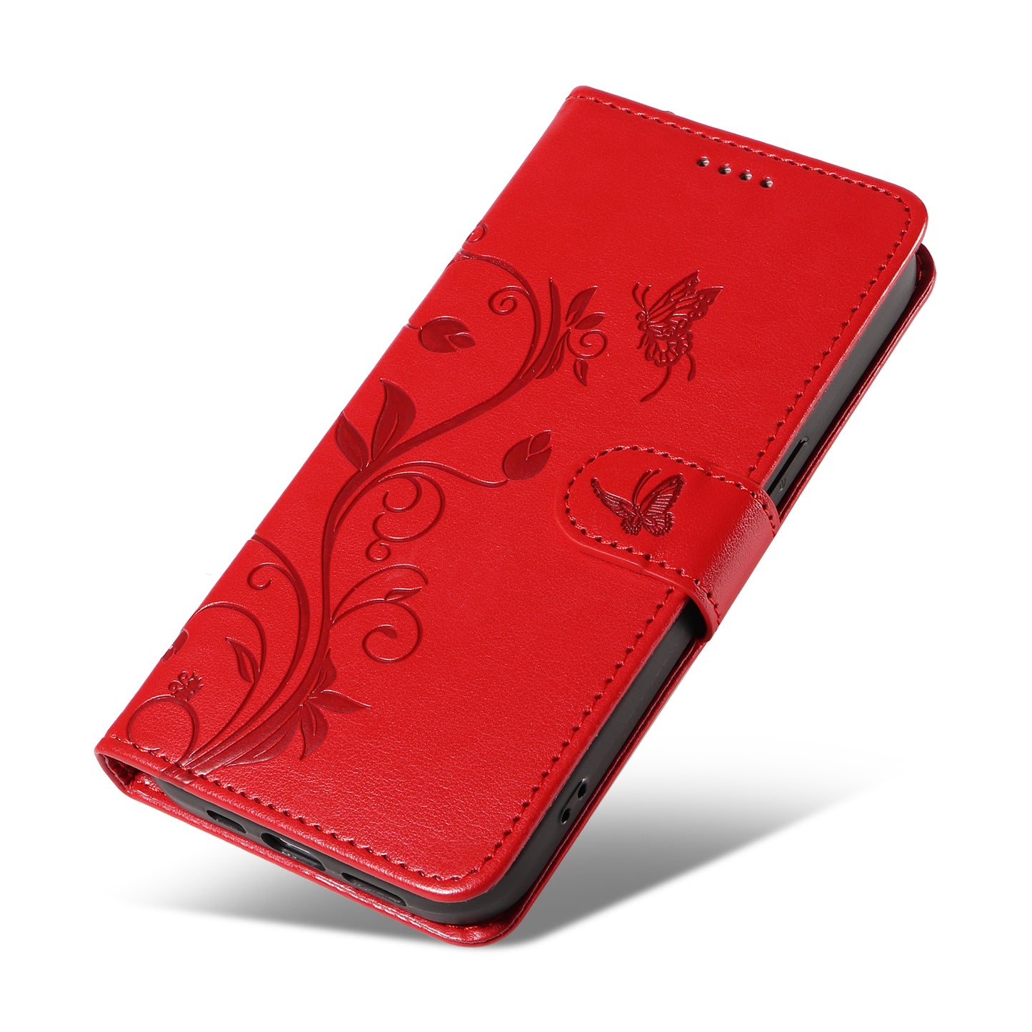 For Xiaomi Redmi Note 13 4G Leather Case Flower Butterfly Imprinted Wallet Phone Cover - Red