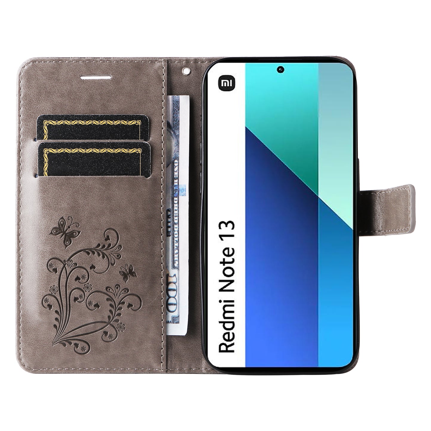 KT Imprinting Flower Series-2 For Xiaomi Redmi Note 13 4G Case Leather Cover with Wallet - Grey