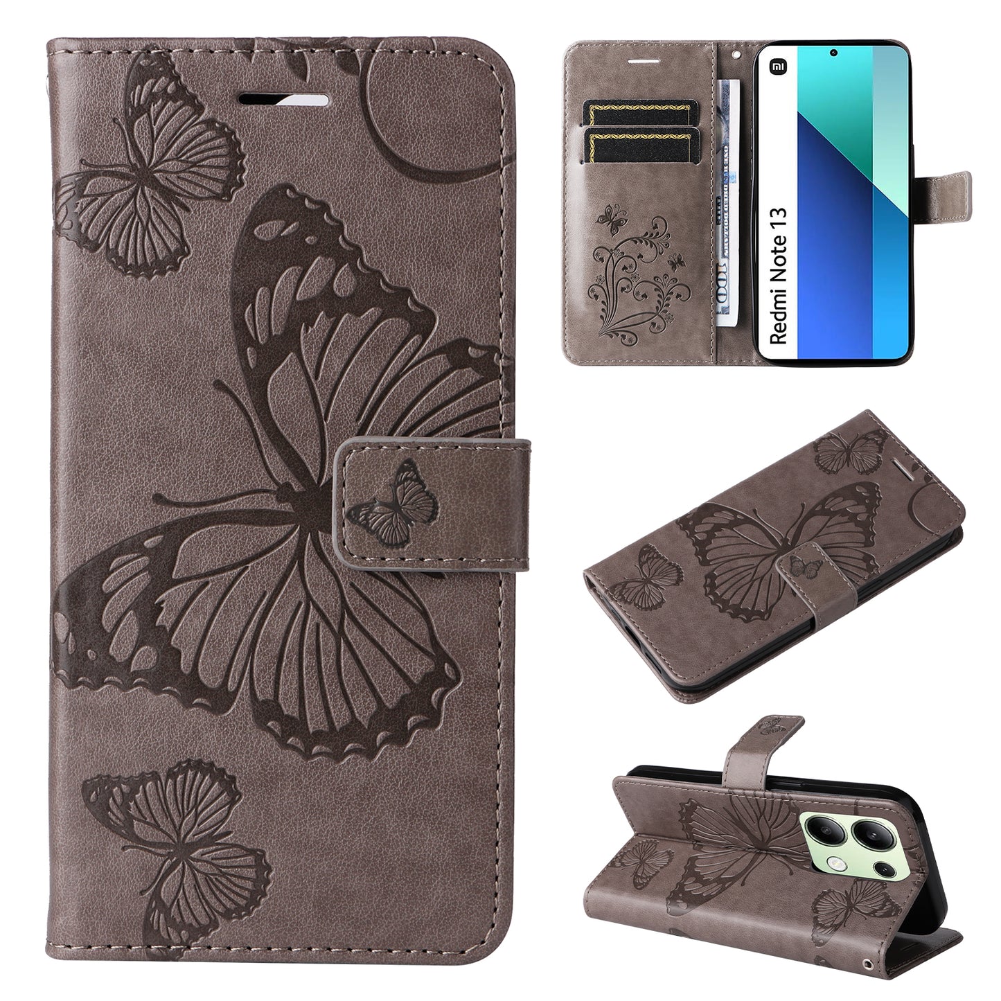 KT Imprinting Flower Series-2 For Xiaomi Redmi Note 13 4G Case Leather Cover with Wallet - Grey