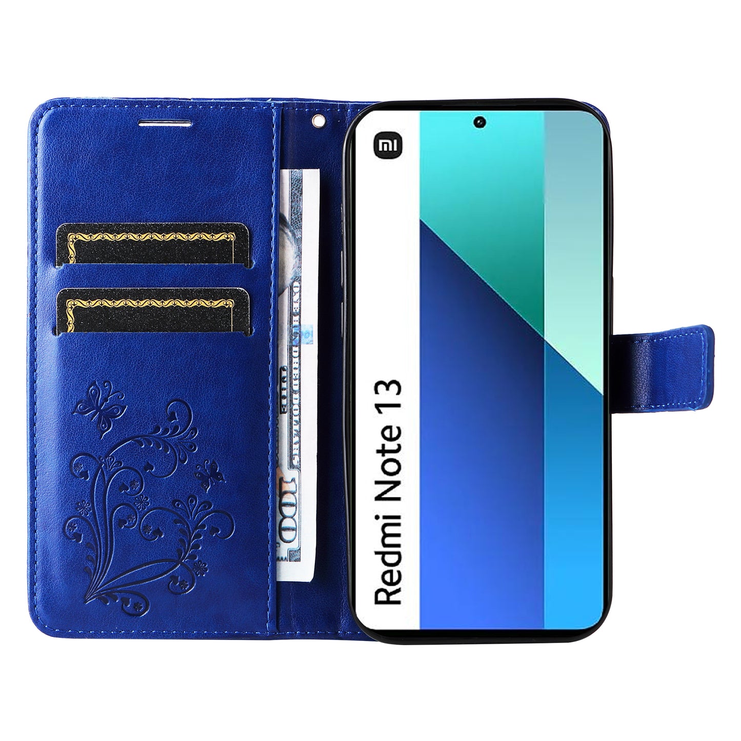 KT Imprinting Flower Series-2 For Xiaomi Redmi Note 13 4G Case Leather Cover with Wallet - Blue
