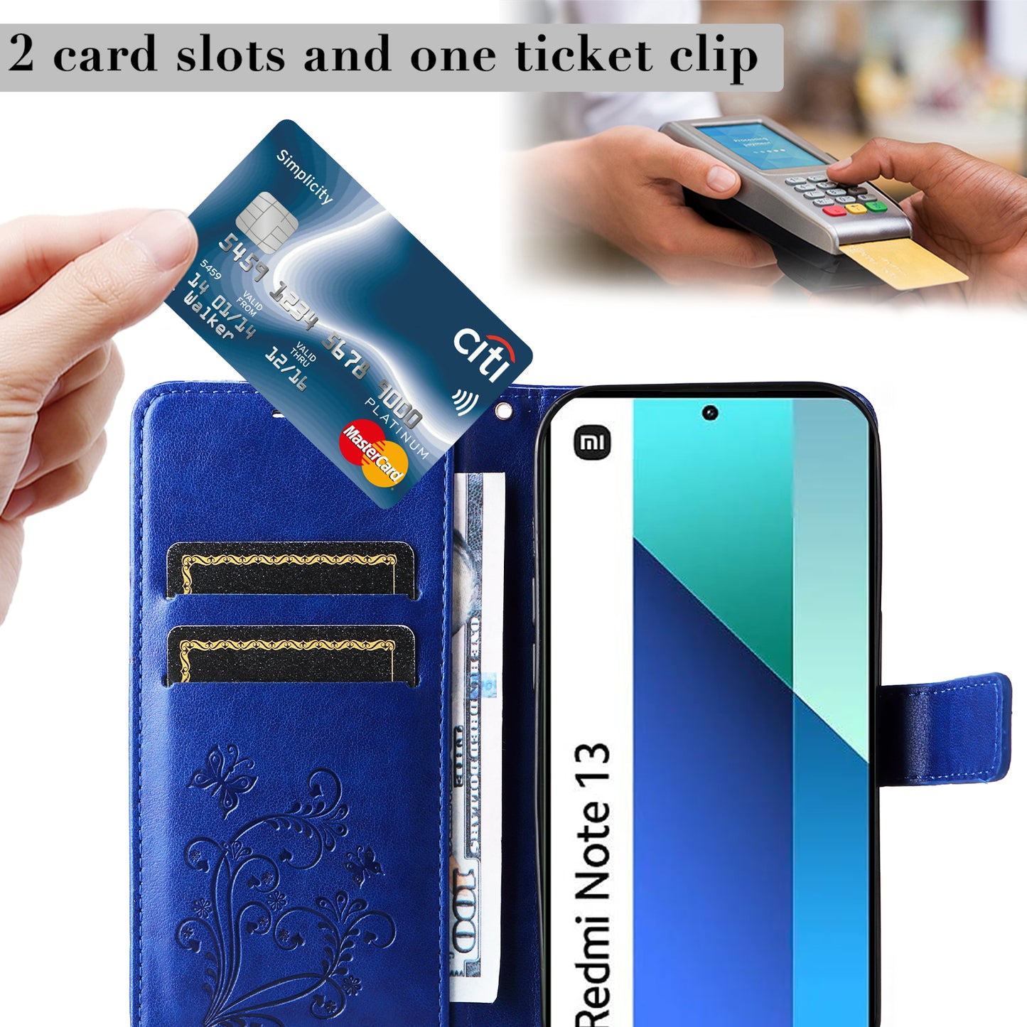KT Imprinting Flower Series-2 For Xiaomi Redmi Note 13 4G Case Leather Cover with Wallet - Blue