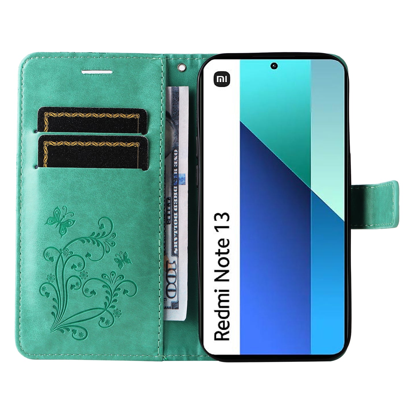 KT Imprinting Flower Series-2 For Xiaomi Redmi Note 13 4G Case Leather Cover with Wallet - Green