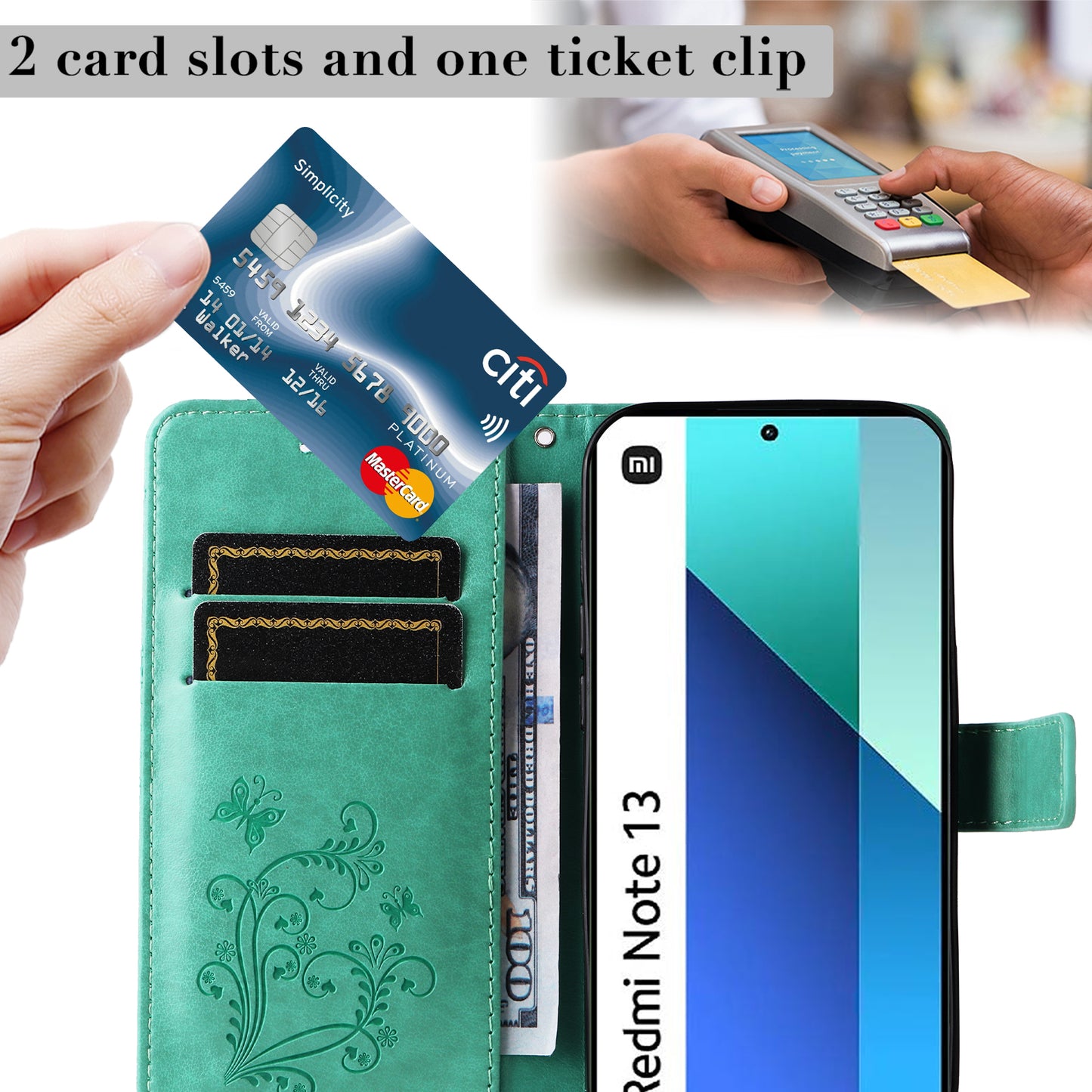 KT Imprinting Flower Series-2 For Xiaomi Redmi Note 13 4G Case Leather Cover with Wallet - Green