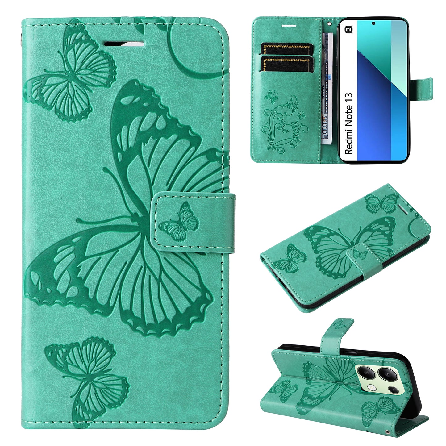 KT Imprinting Flower Series-2 For Xiaomi Redmi Note 13 4G Case Leather Cover with Wallet - Green