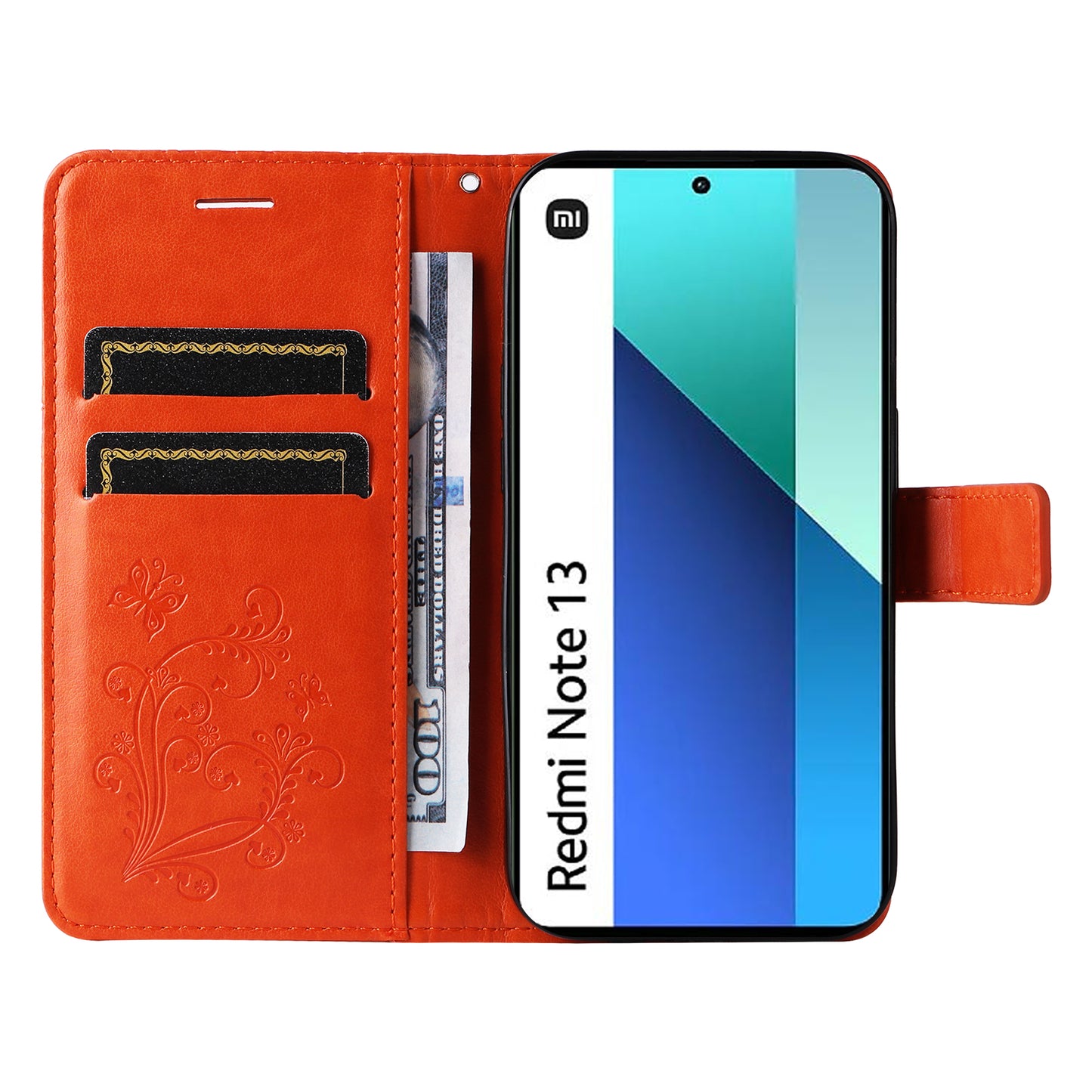 KT Imprinting Flower Series-2 For Xiaomi Redmi Note 13 4G Case Leather Cover with Wallet - Orange