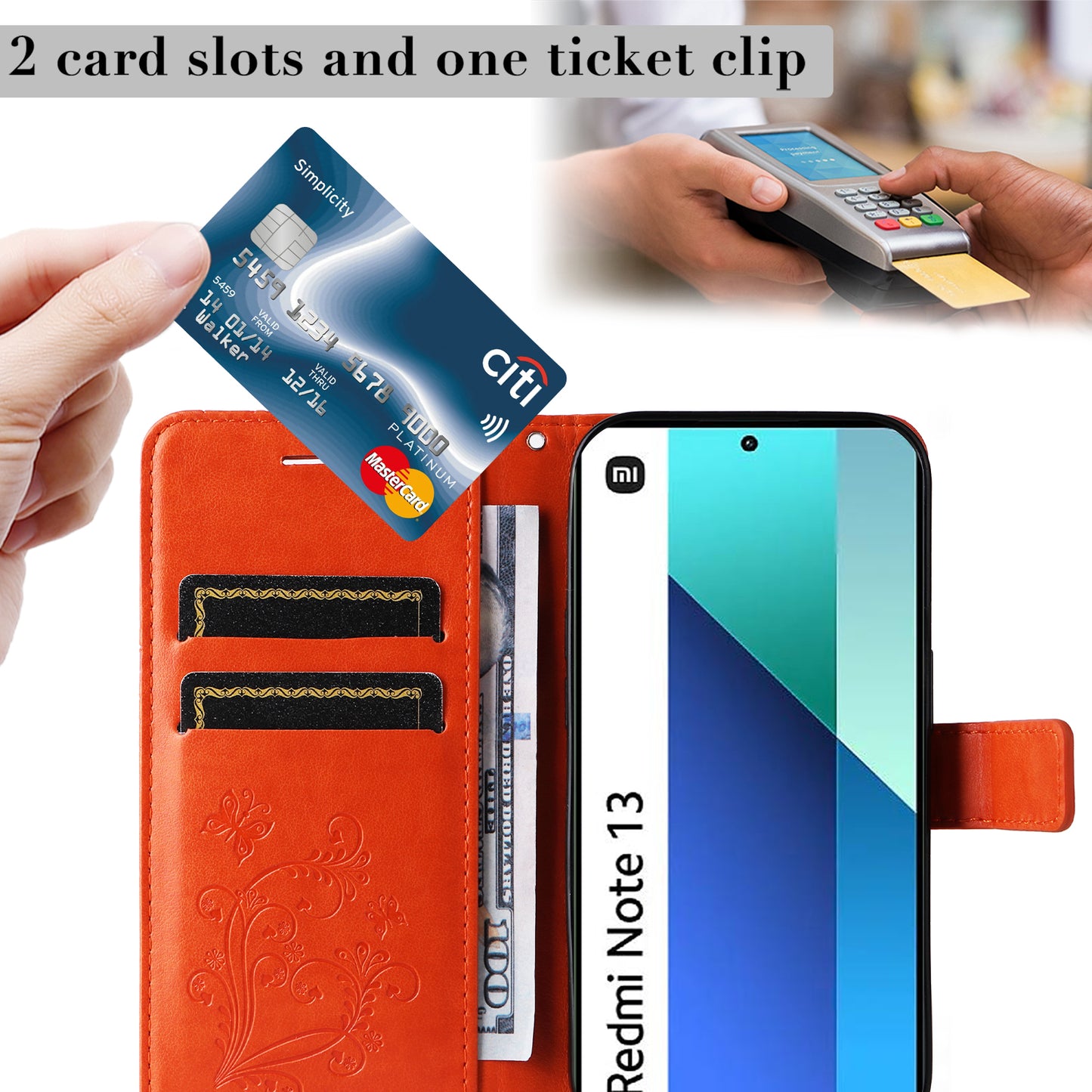 KT Imprinting Flower Series-2 For Xiaomi Redmi Note 13 4G Case Leather Cover with Wallet - Orange