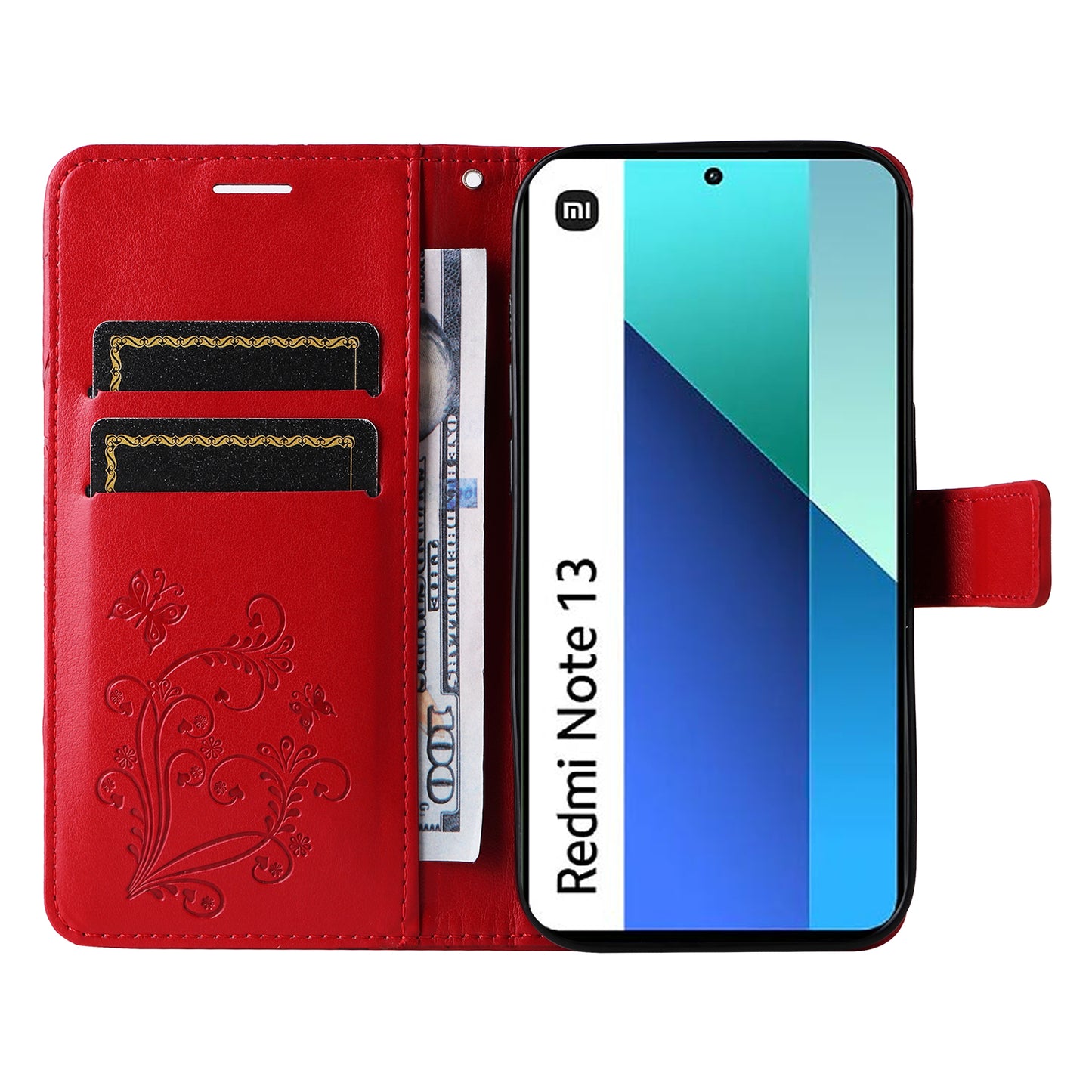 KT Imprinting Flower Series-2 For Xiaomi Redmi Note 13 4G Case Leather Cover with Wallet - Red