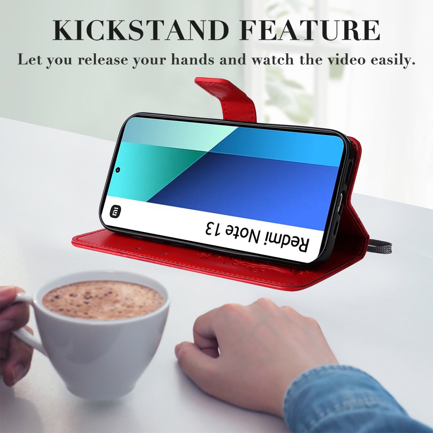 KT Imprinting Flower Series-2 For Xiaomi Redmi Note 13 4G Case Leather Cover with Wallet - Red