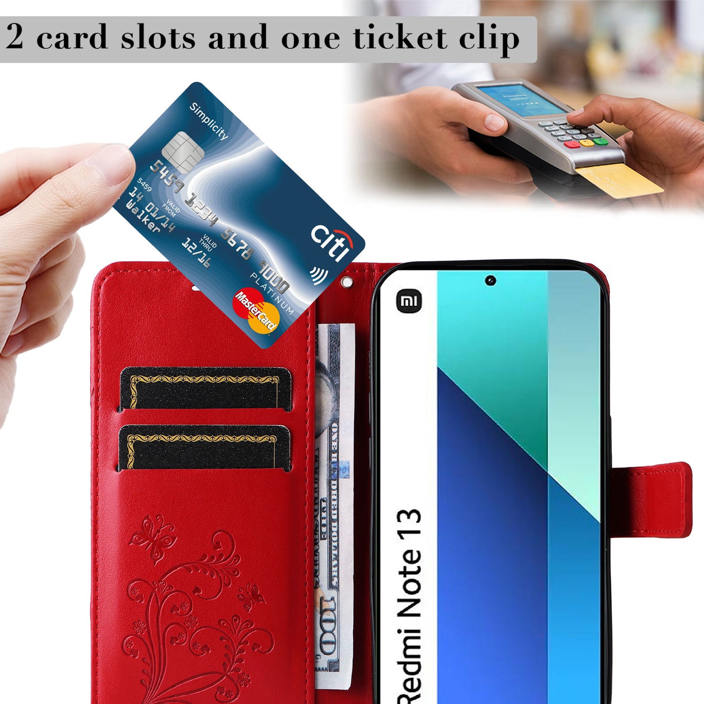 KT Imprinting Flower Series-2 For Xiaomi Redmi Note 13 4G Case Leather Cover with Wallet - Red