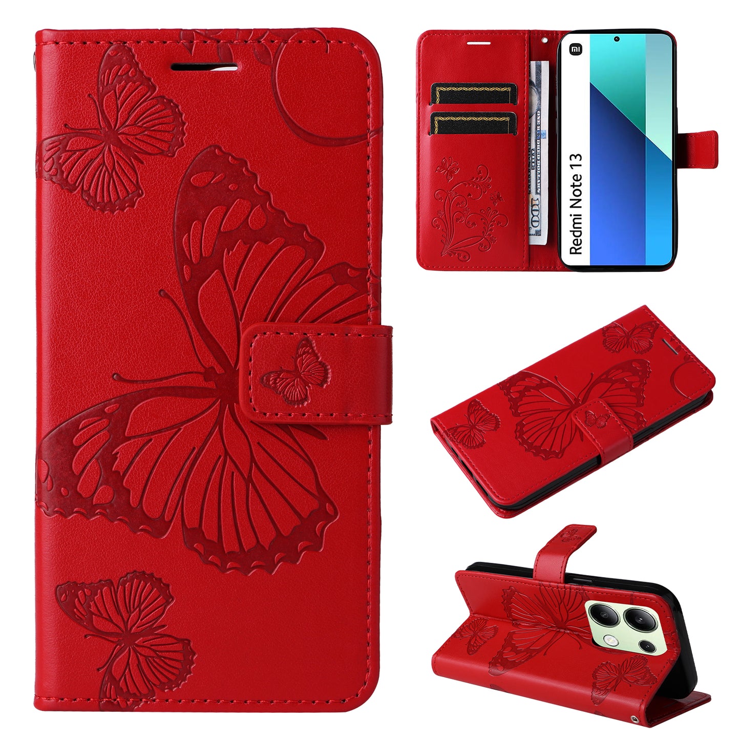 KT Imprinting Flower Series-2 For Xiaomi Redmi Note 13 4G Case Leather Cover with Wallet - Red
