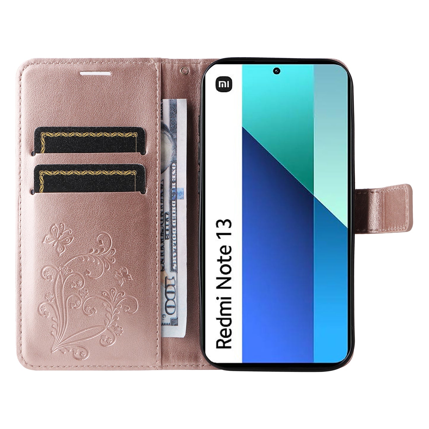 KT Imprinting Flower Series-2 For Xiaomi Redmi Note 13 4G Case Leather Cover with Wallet - Rose Gold