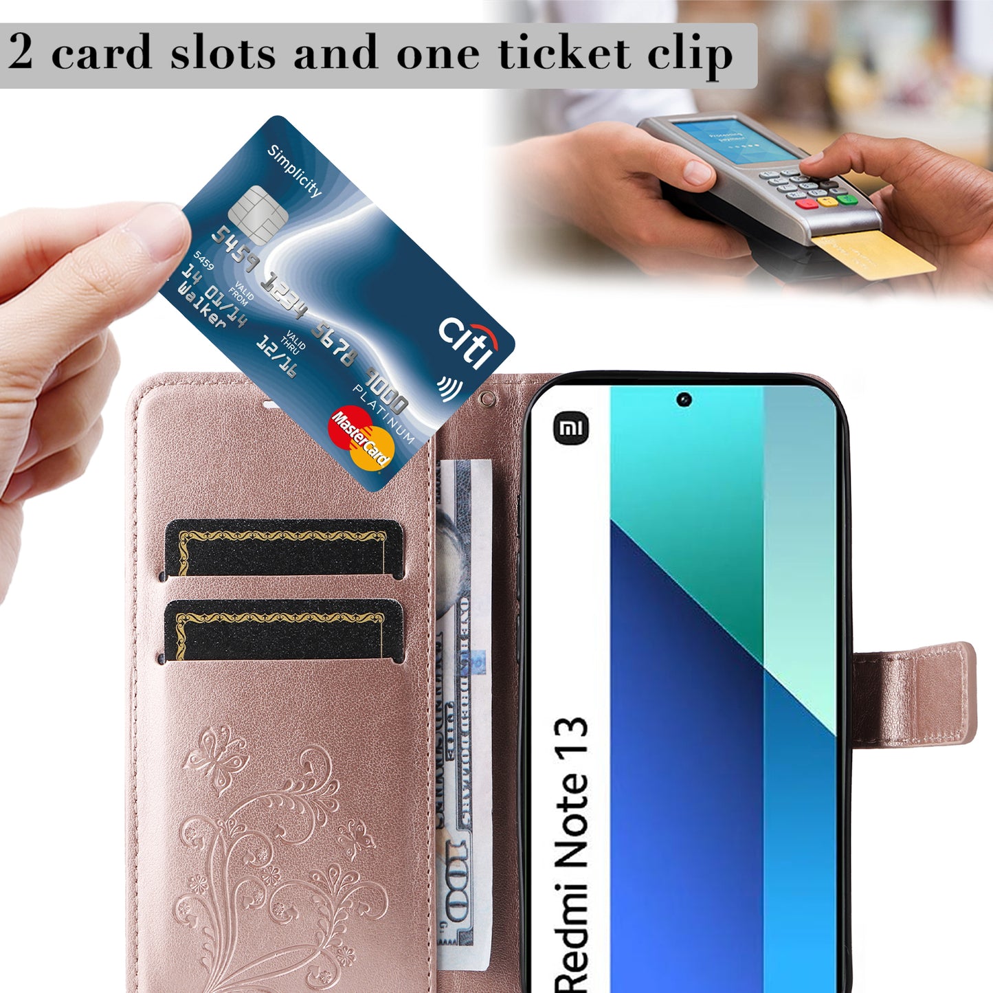 KT Imprinting Flower Series-2 For Xiaomi Redmi Note 13 4G Case Leather Cover with Wallet - Rose Gold