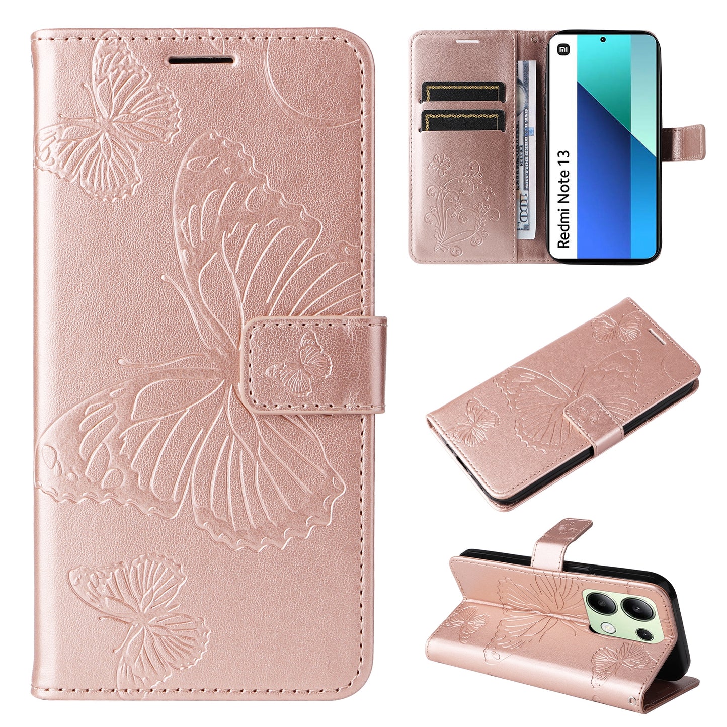 KT Imprinting Flower Series-2 For Xiaomi Redmi Note 13 4G Case Leather Cover with Wallet - Rose Gold