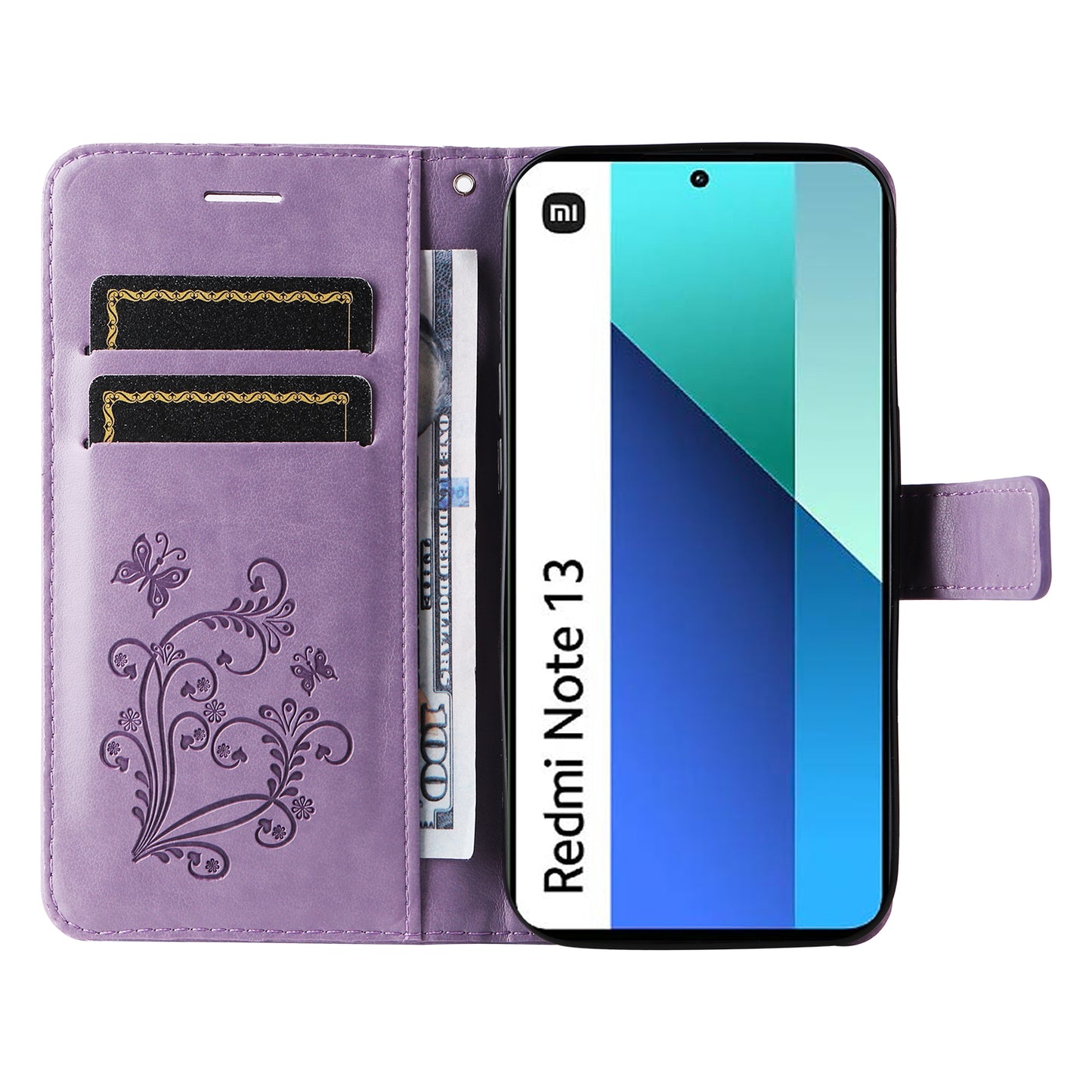 KT Imprinting Flower Series-2 For Xiaomi Redmi Note 13 4G Case Leather Cover with Wallet - Purple