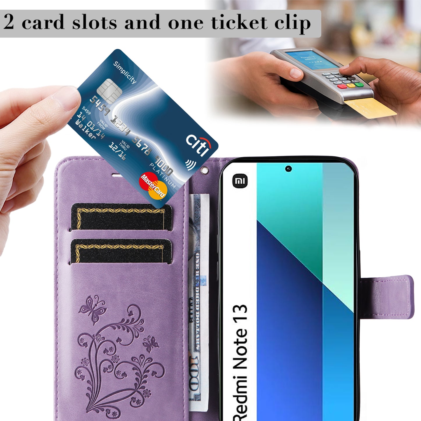 KT Imprinting Flower Series-2 For Xiaomi Redmi Note 13 4G Case Leather Cover with Wallet - Purple