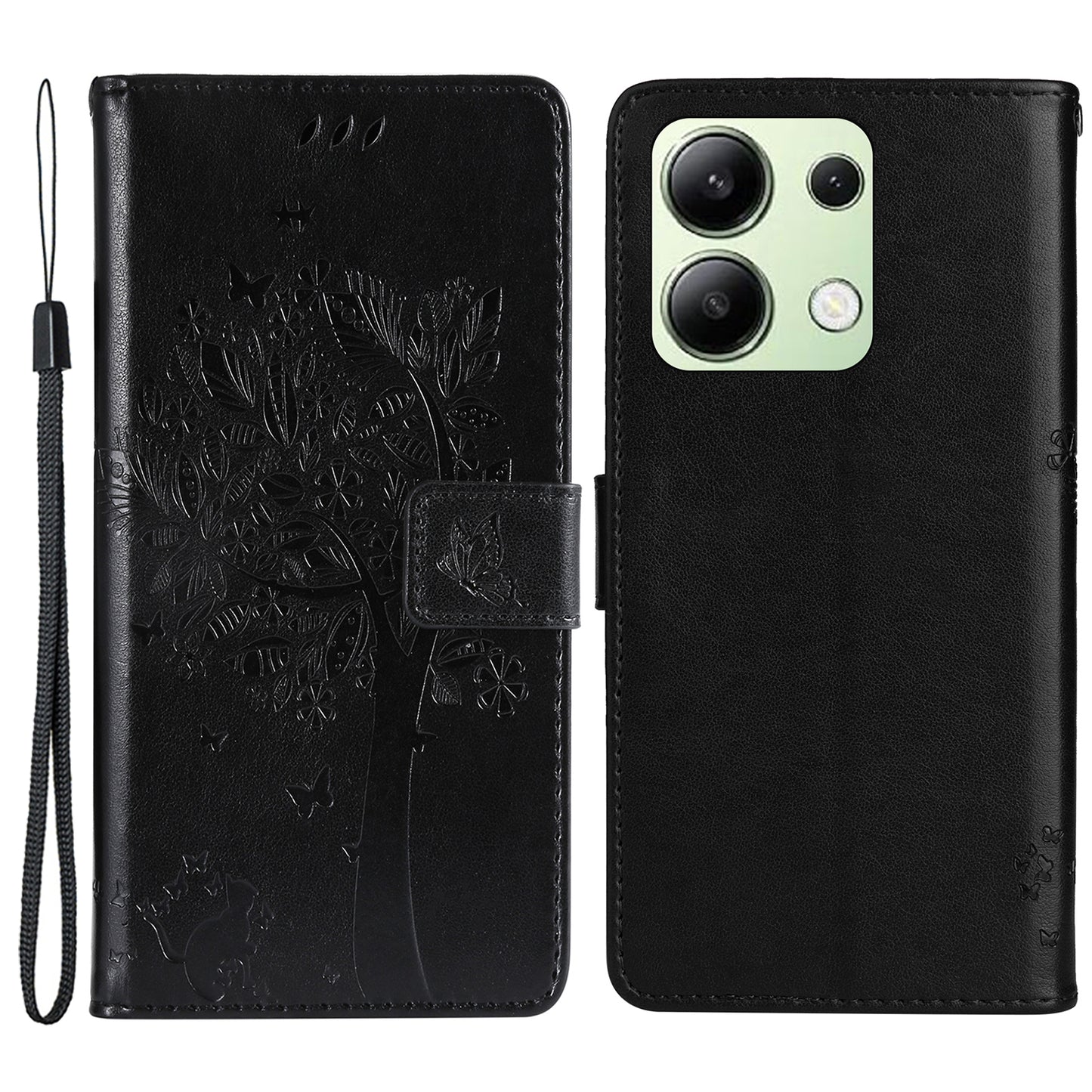 KT Imprinting Flower Series-3 For Xiaomi Redmi Note 13 4G Wallet Phone Case Cat Tree Pattern - Black