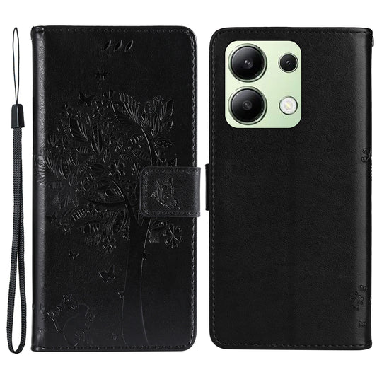 KT Imprinting Flower Series-3 For Xiaomi Redmi Note 13 4G Wallet Phone Case Cat Tree Pattern - Black
