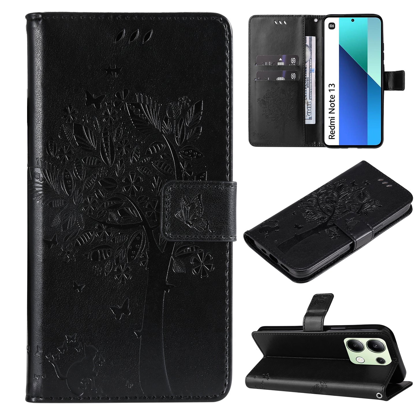 KT Imprinting Flower Series-3 For Xiaomi Redmi Note 13 4G Wallet Phone Case Cat Tree Pattern - Black
