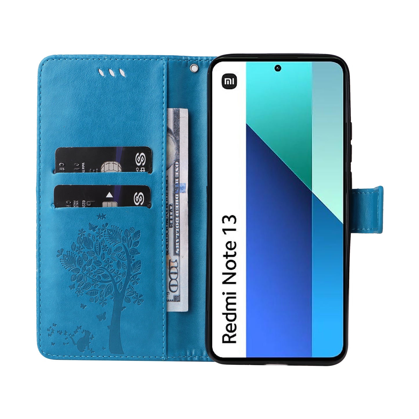 KT Imprinting Flower Series-3 For Xiaomi Redmi Note 13 4G Wallet Phone Case Cat Tree Pattern - Blue