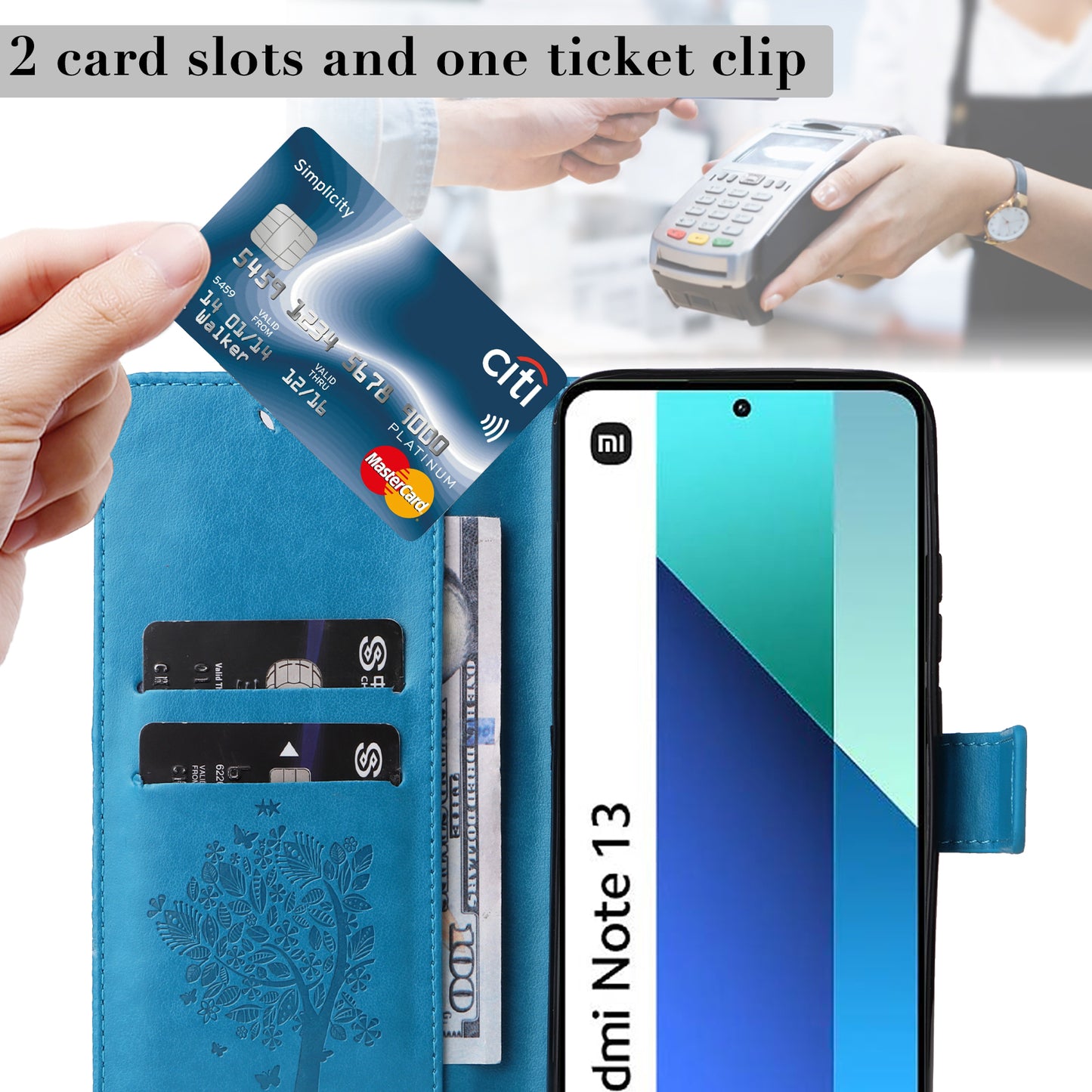 KT Imprinting Flower Series-3 For Xiaomi Redmi Note 13 4G Wallet Phone Case Cat Tree Pattern - Blue