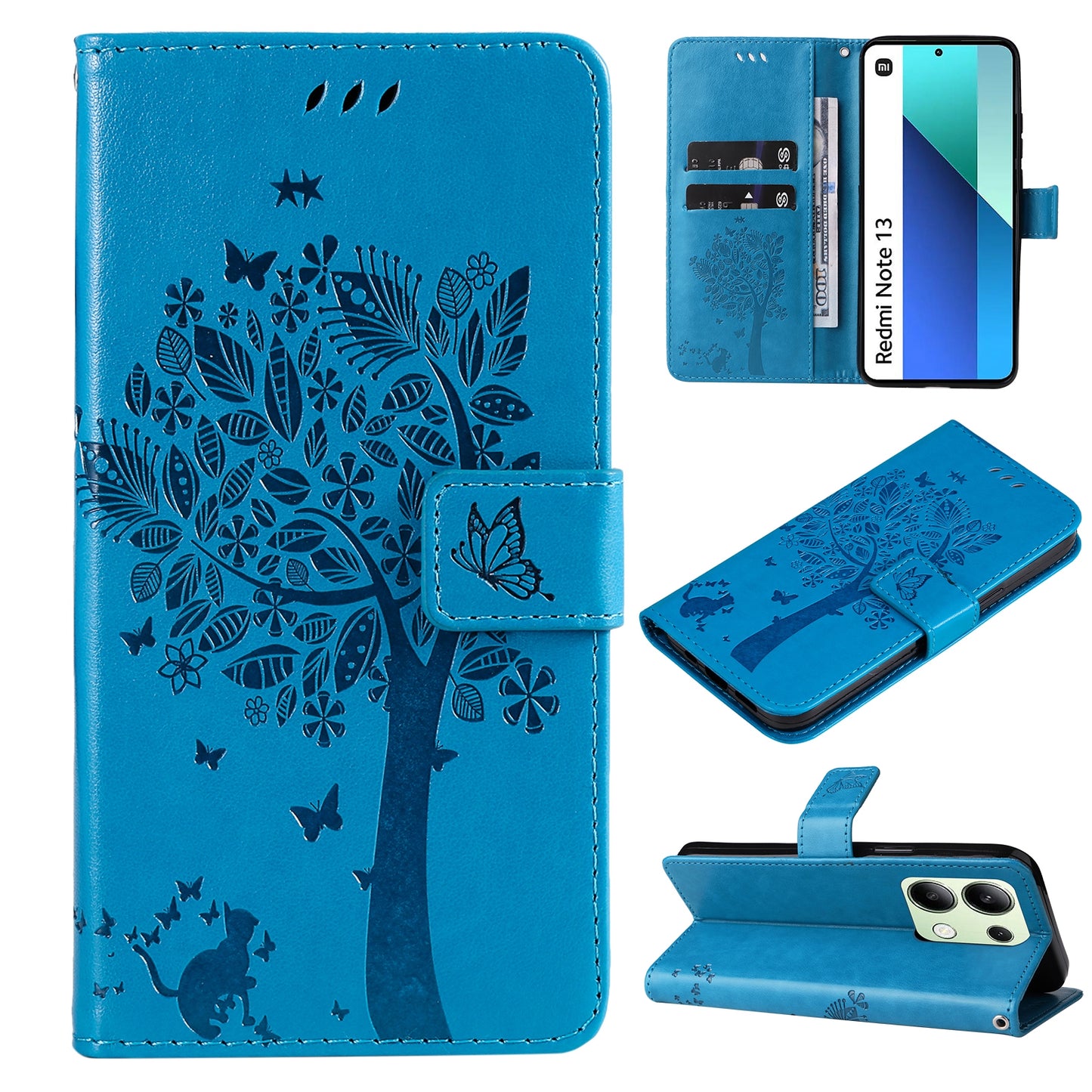 KT Imprinting Flower Series-3 For Xiaomi Redmi Note 13 4G Wallet Phone Case Cat Tree Pattern - Blue