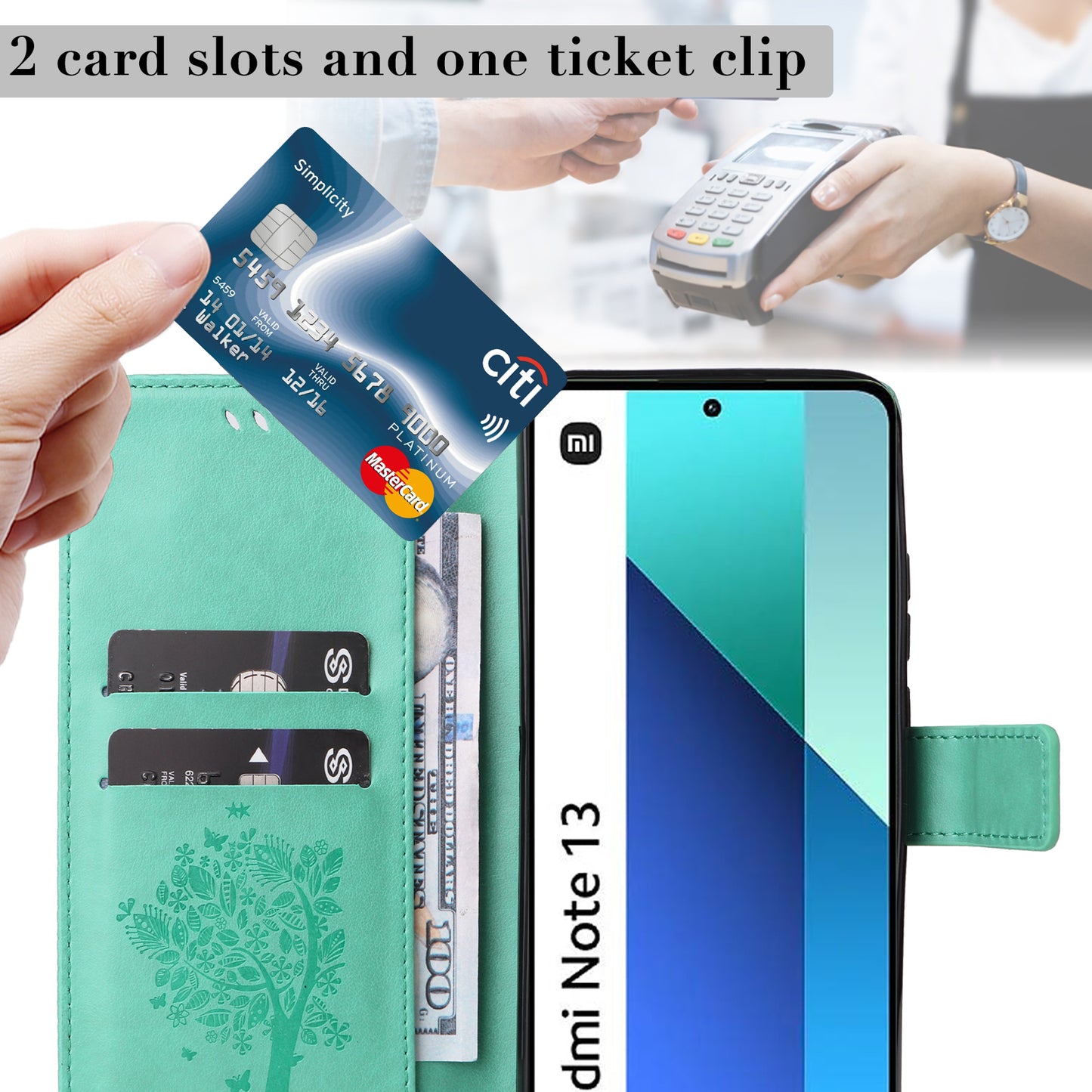 KT Imprinting Flower Series-3 For Xiaomi Redmi Note 13 4G Wallet Phone Case Cat Tree Pattern - Green