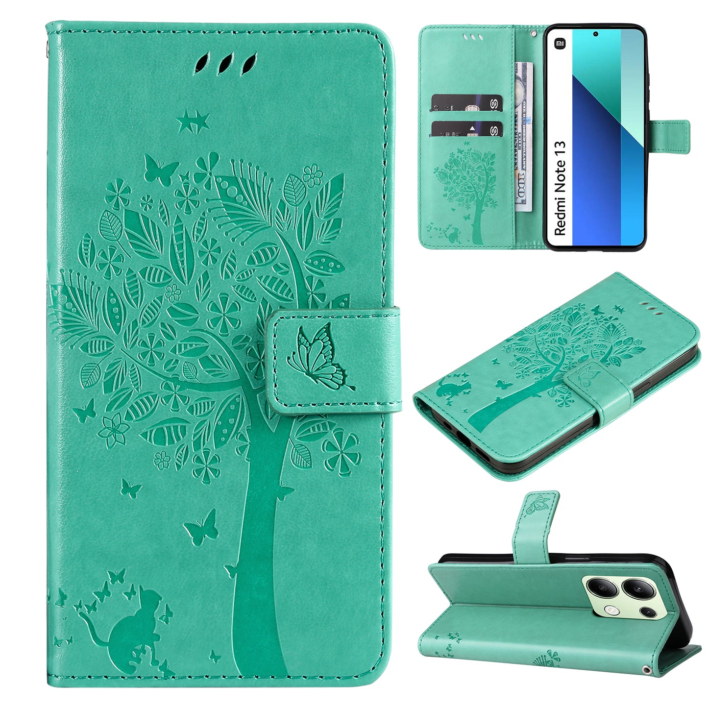 KT Imprinting Flower Series-3 For Xiaomi Redmi Note 13 4G Wallet Phone Case Cat Tree Pattern - Green