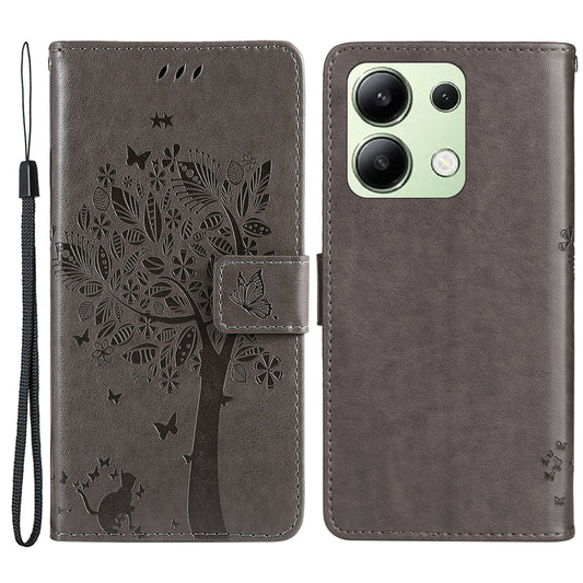 KT Imprinting Flower Series-3 For Xiaomi Redmi Note 13 4G Wallet Phone Case Cat Tree Pattern - Grey