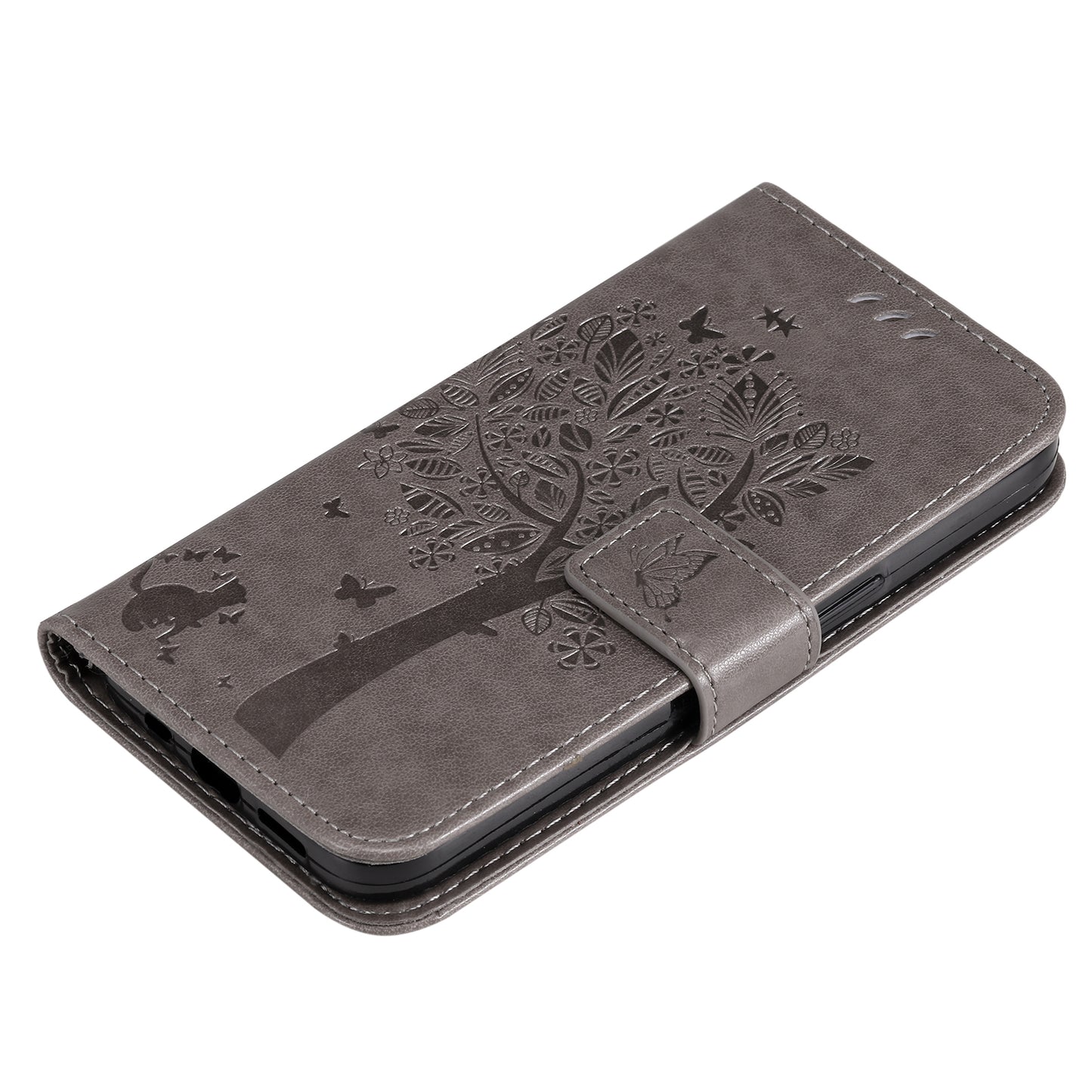 KT Imprinting Flower Series-3 For Xiaomi Redmi Note 13 4G Wallet Phone Case Cat Tree Pattern - Grey