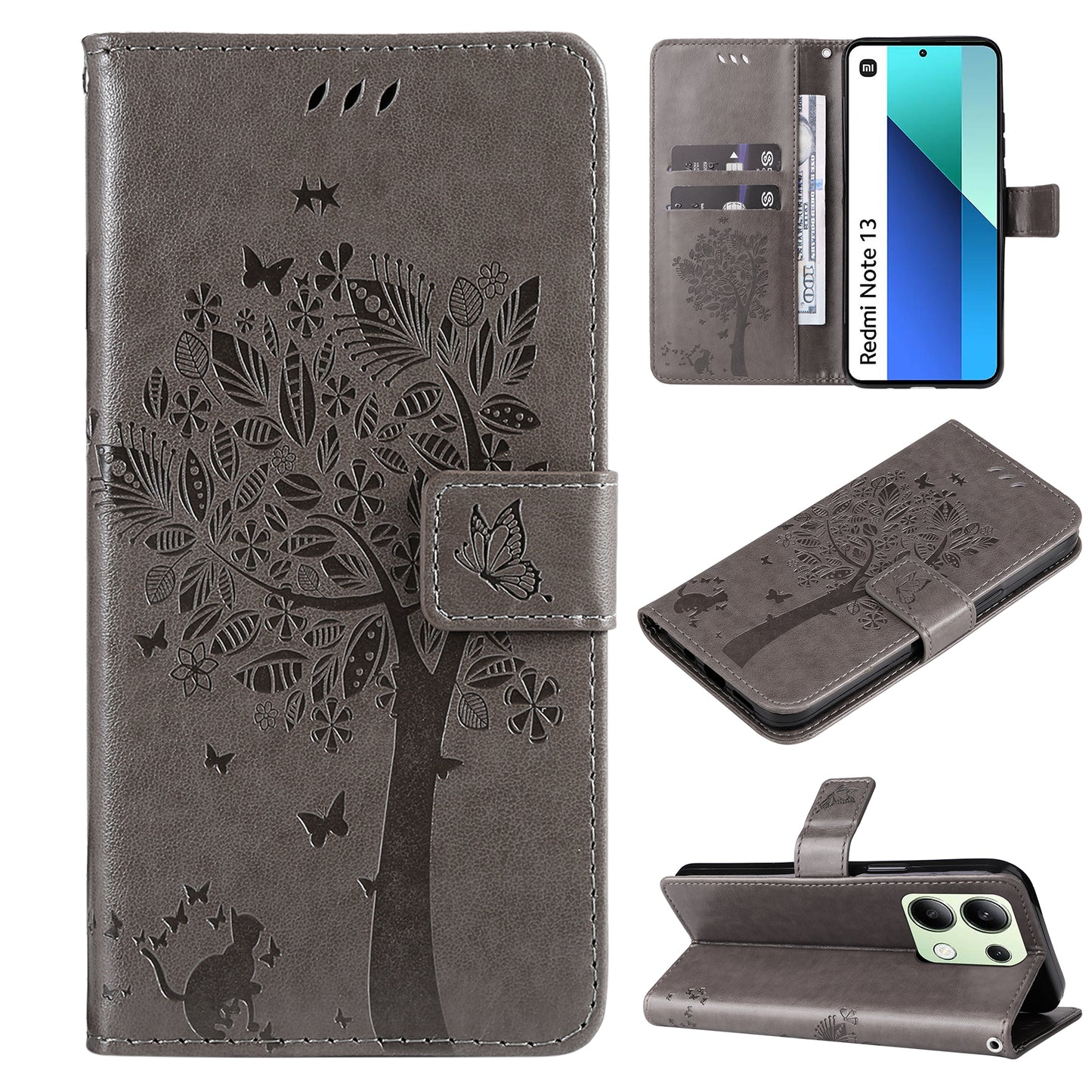 KT Imprinting Flower Series-3 For Xiaomi Redmi Note 13 4G Wallet Phone Case Cat Tree Pattern - Grey