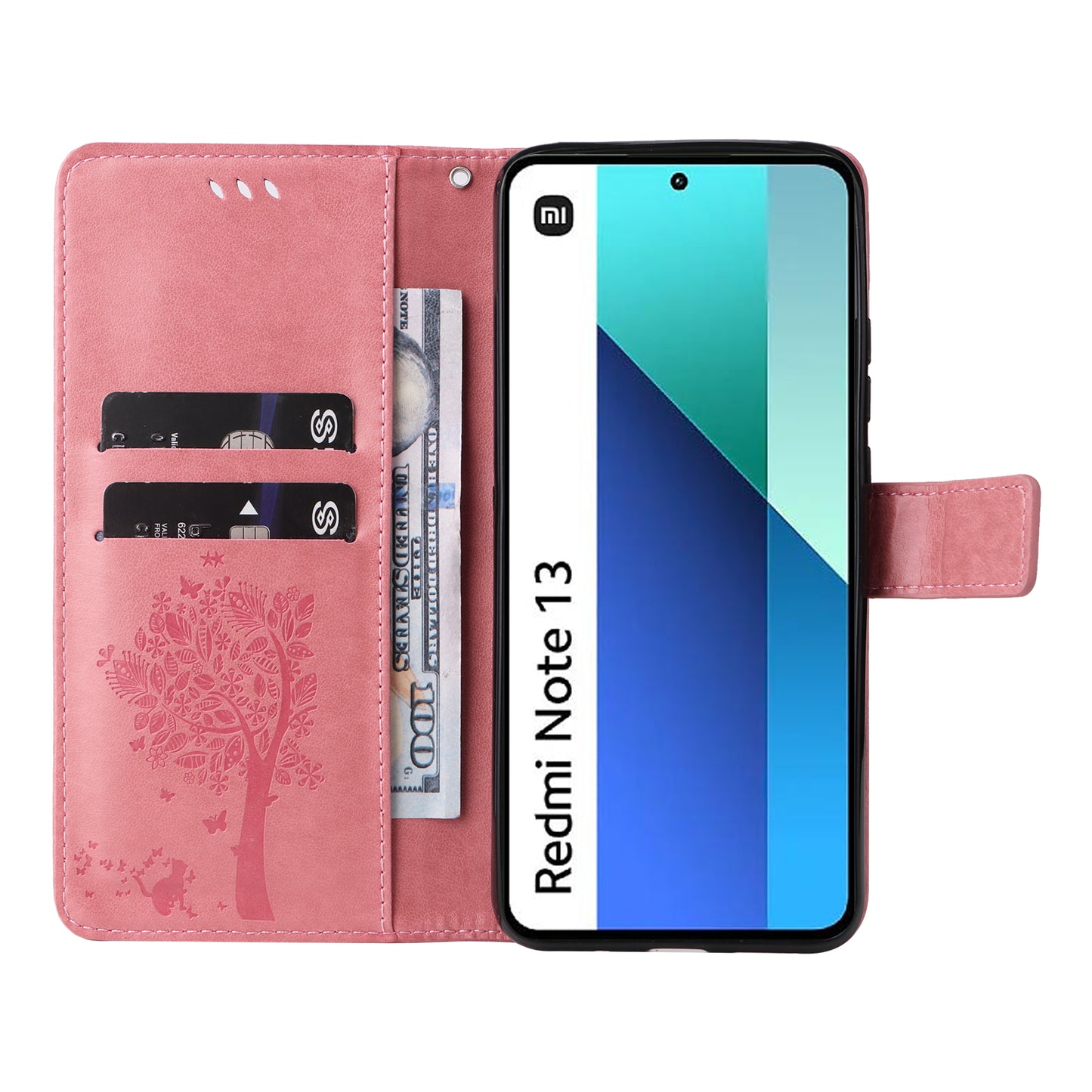 KT Imprinting Flower Series-3 For Xiaomi Redmi Note 13 4G Wallet Phone Case Cat Tree Pattern - Pink