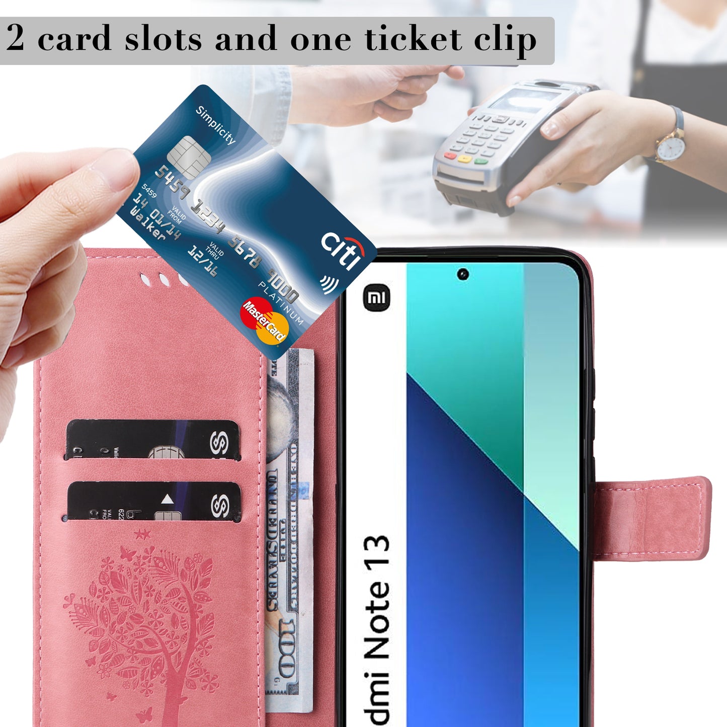 KT Imprinting Flower Series-3 For Xiaomi Redmi Note 13 4G Wallet Phone Case Cat Tree Pattern - Pink