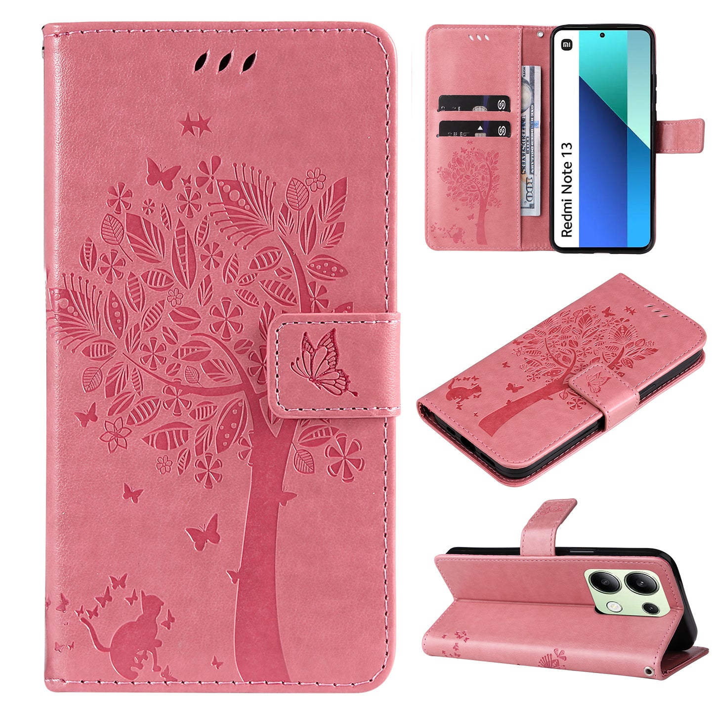 KT Imprinting Flower Series-3 For Xiaomi Redmi Note 13 4G Wallet Phone Case Cat Tree Pattern - Pink