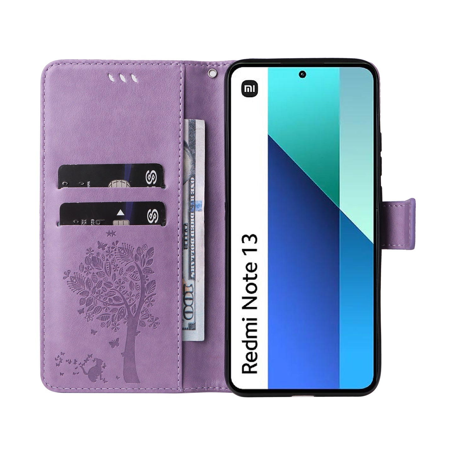 KT Imprinting Flower Series-3 For Xiaomi Redmi Note 13 4G Wallet Phone Case Cat Tree Pattern - Light Purple