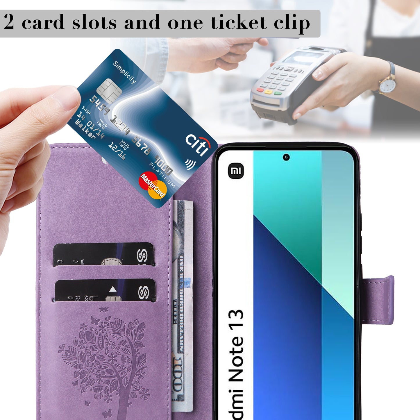 KT Imprinting Flower Series-3 For Xiaomi Redmi Note 13 4G Wallet Phone Case Cat Tree Pattern - Light Purple