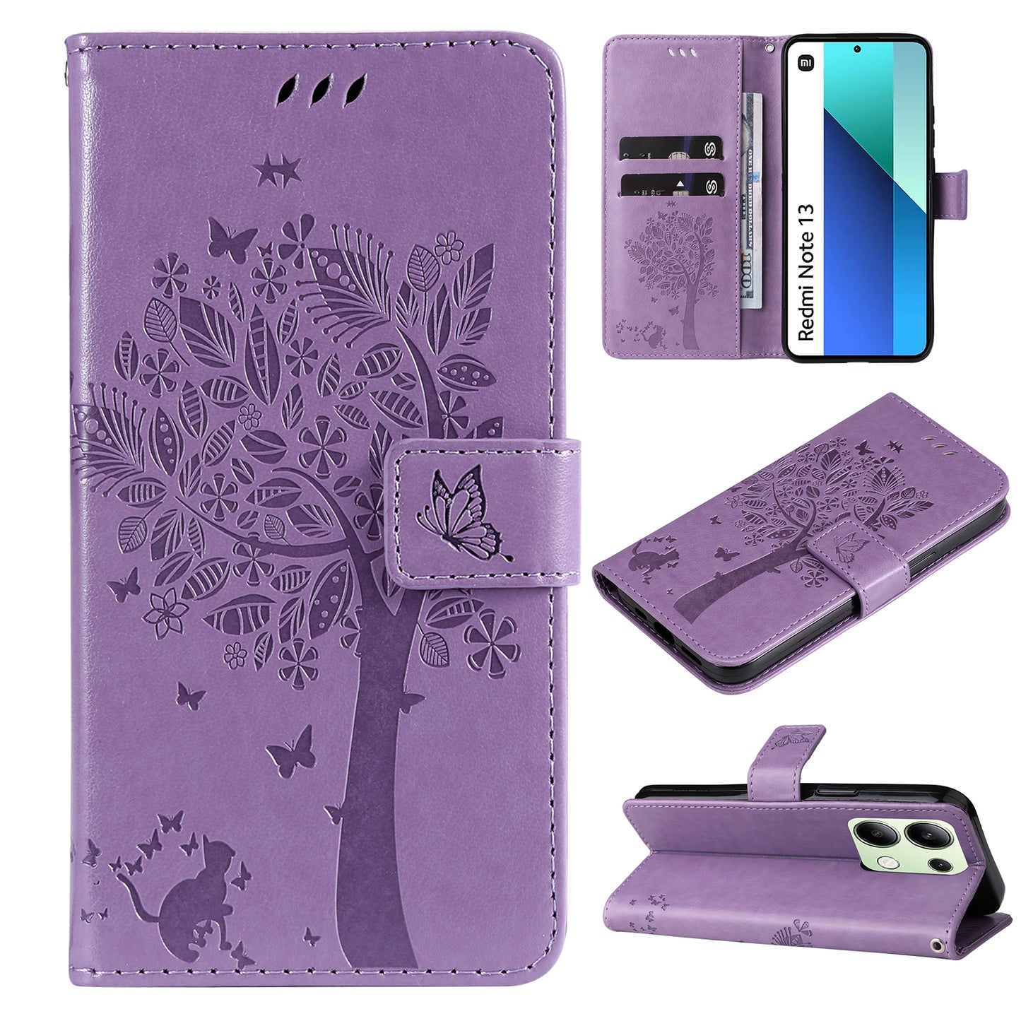 KT Imprinting Flower Series-3 For Xiaomi Redmi Note 13 4G Wallet Phone Case Cat Tree Pattern - Light Purple