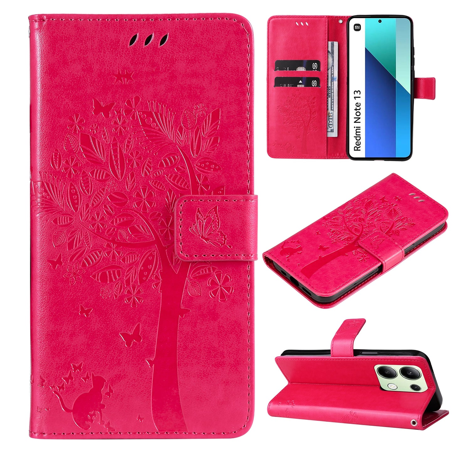 KT Imprinting Flower Series-3 For Xiaomi Redmi Note 13 4G Wallet Phone Case Cat Tree Pattern - Rose