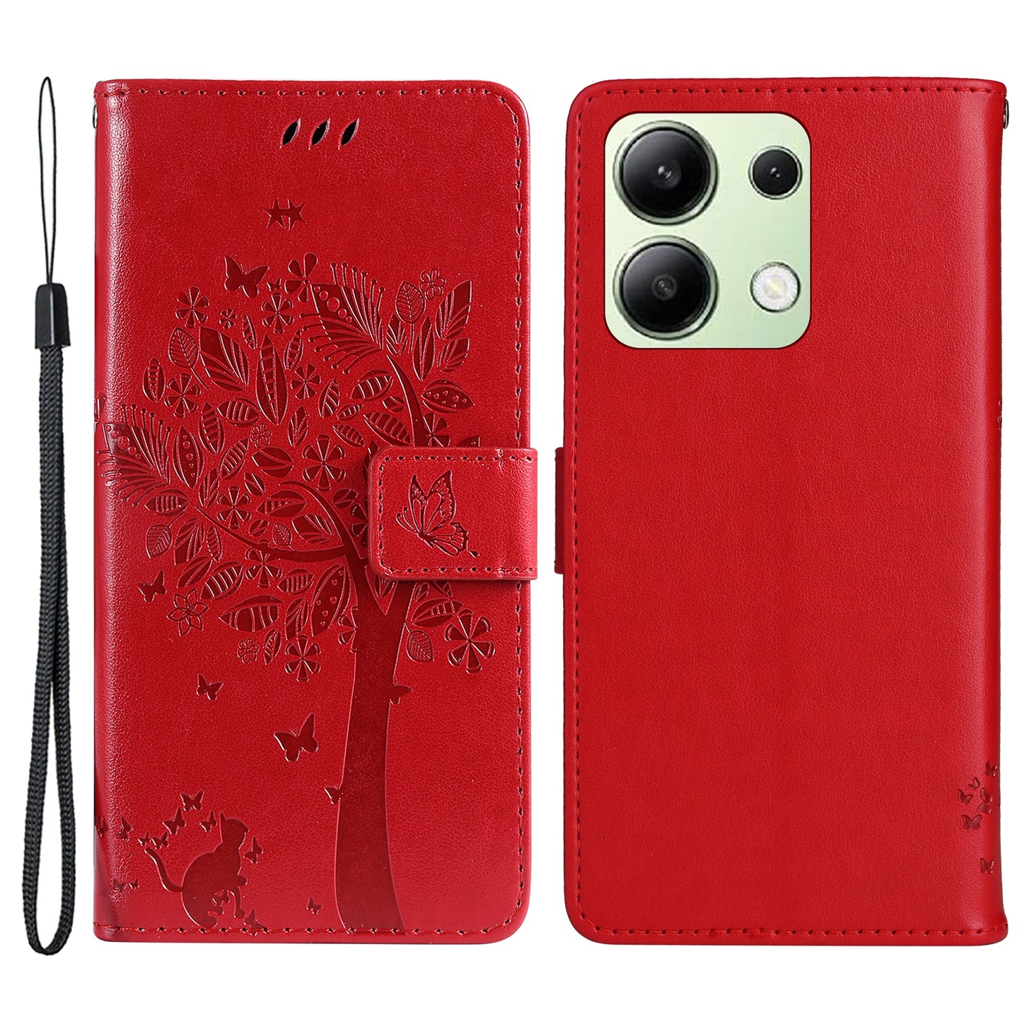 KT Imprinting Flower Series-3 For Xiaomi Redmi Note 13 4G Wallet Phone Case Cat Tree Pattern - Red
