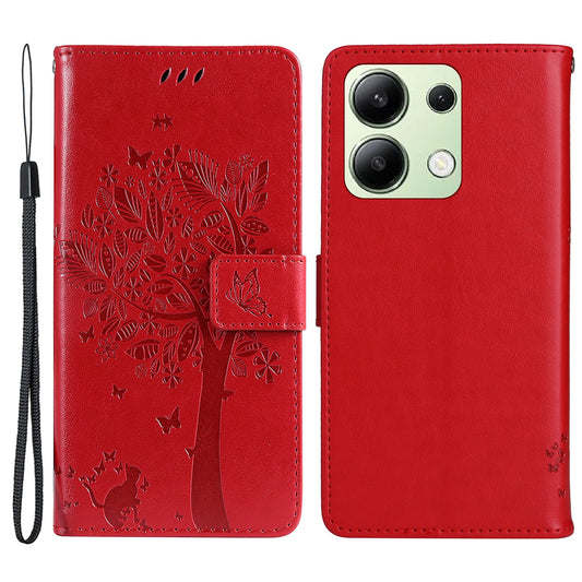 KT Imprinting Flower Series-3 For Xiaomi Redmi Note 13 4G Wallet Phone Case Cat Tree Pattern - Red