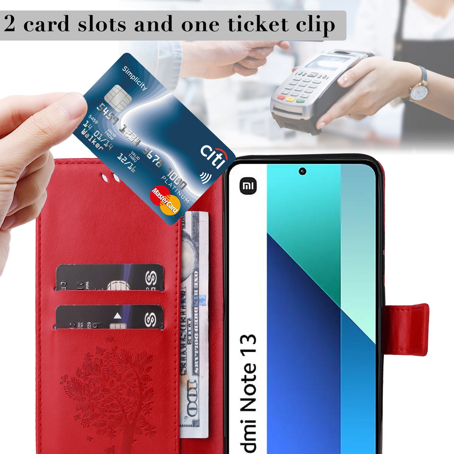 KT Imprinting Flower Series-3 For Xiaomi Redmi Note 13 4G Wallet Phone Case Cat Tree Pattern - Red
