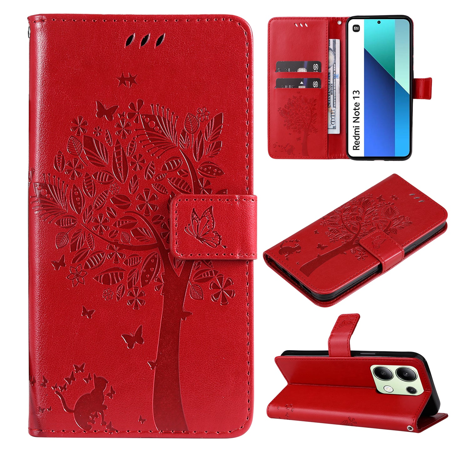 KT Imprinting Flower Series-3 For Xiaomi Redmi Note 13 4G Wallet Phone Case Cat Tree Pattern - Red