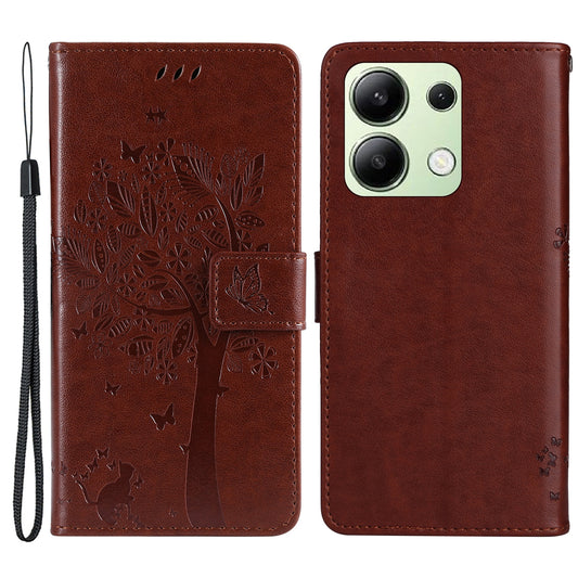 KT Imprinting Flower Series-3 For Xiaomi Redmi Note 13 4G Wallet Phone Case Cat Tree Pattern - Coffee