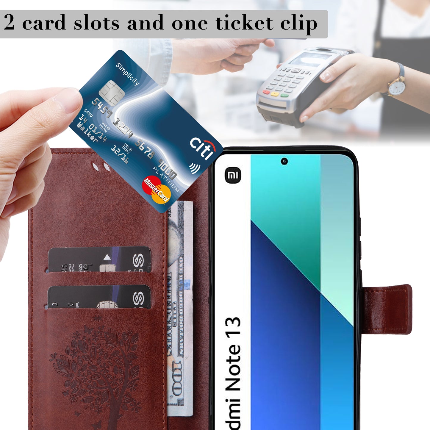 KT Imprinting Flower Series-3 For Xiaomi Redmi Note 13 4G Wallet Phone Case Cat Tree Pattern - Coffee