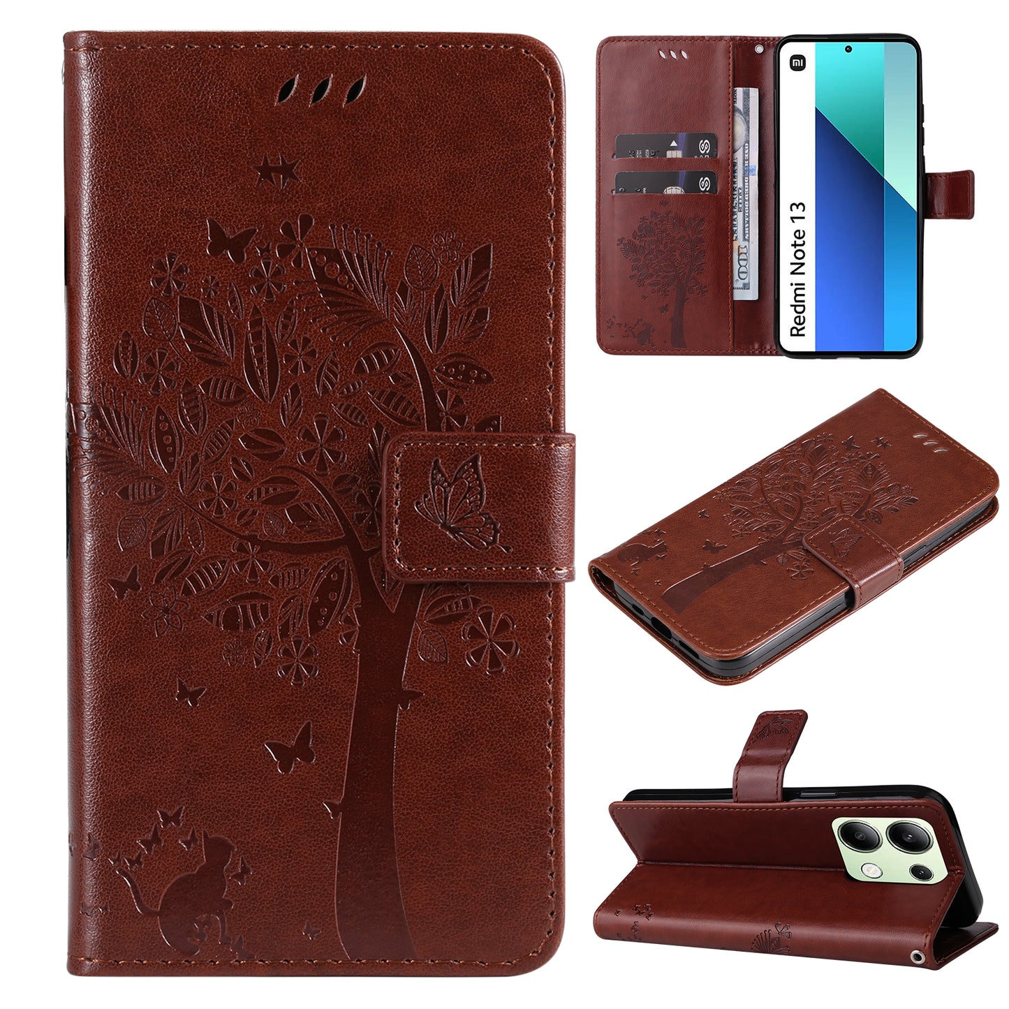 KT Imprinting Flower Series-3 For Xiaomi Redmi Note 13 4G Wallet Phone Case Cat Tree Pattern - Coffee