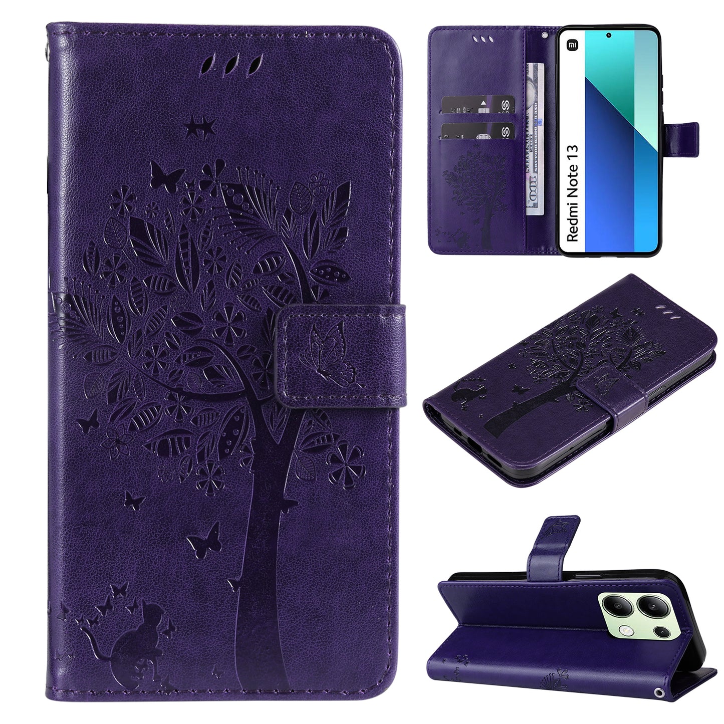 KT Imprinting Flower Series-3 For Xiaomi Redmi Note 13 4G Wallet Phone Case Cat Tree Pattern - Dark Purple