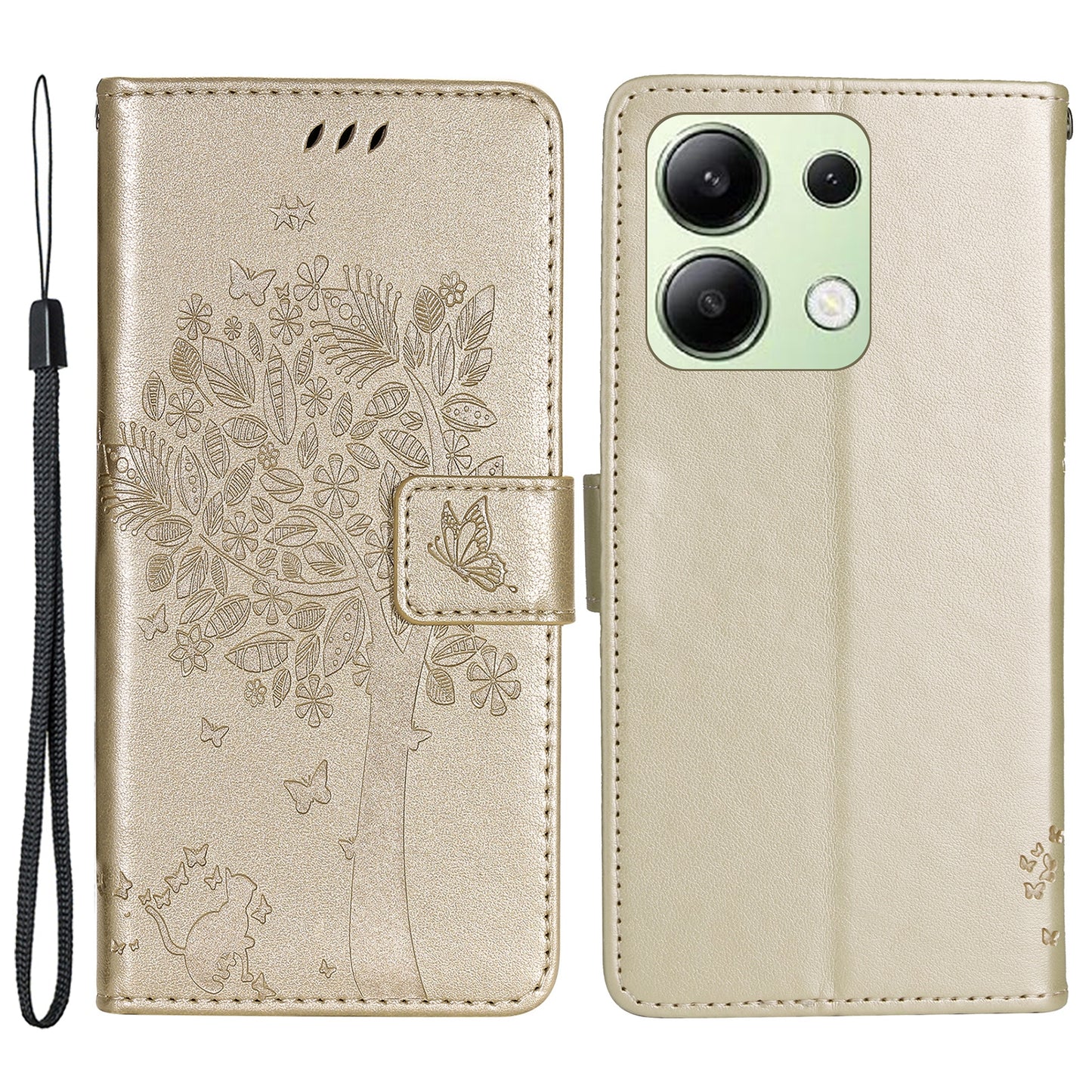 KT Imprinting Flower Series-3 For Xiaomi Redmi Note 13 4G Wallet Phone Case Cat Tree Pattern - Gold